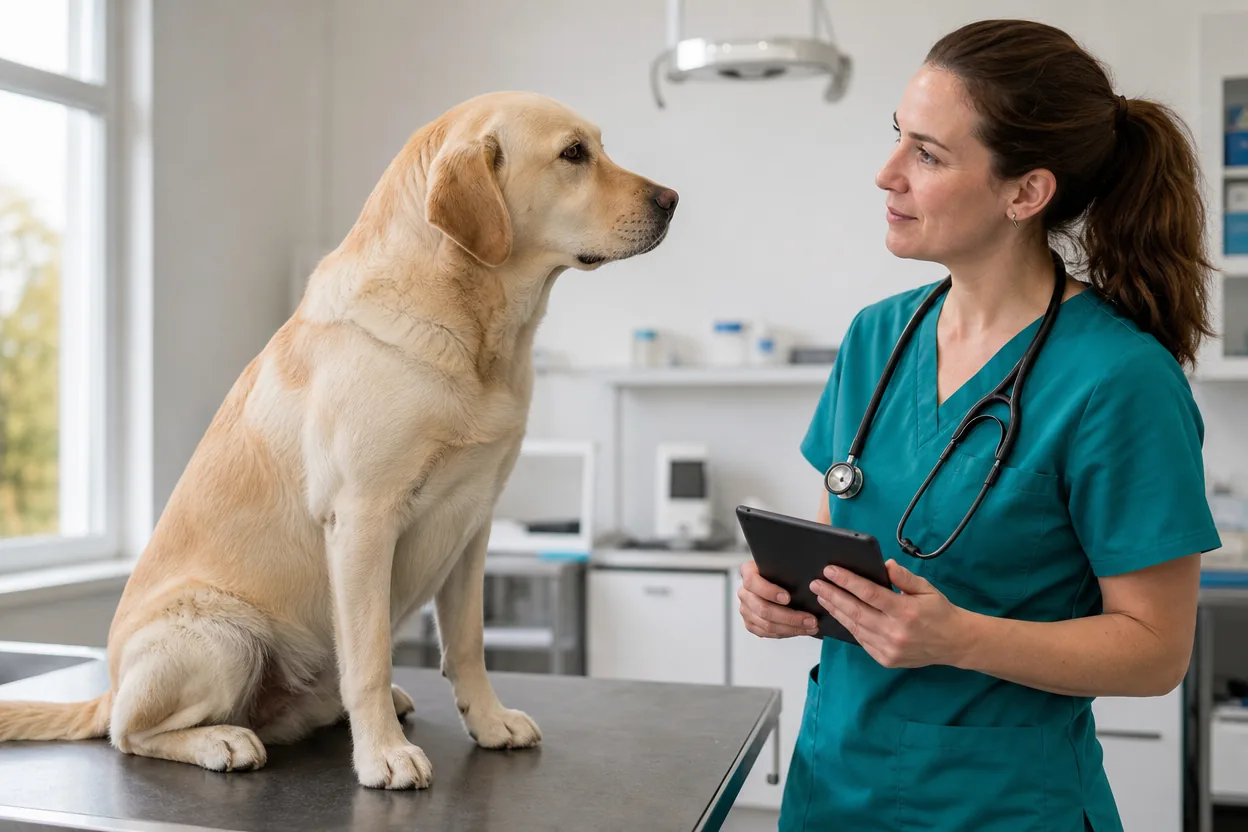 Labrador calme sur une table d'examen face à une vétérinaire lors d'une consultation