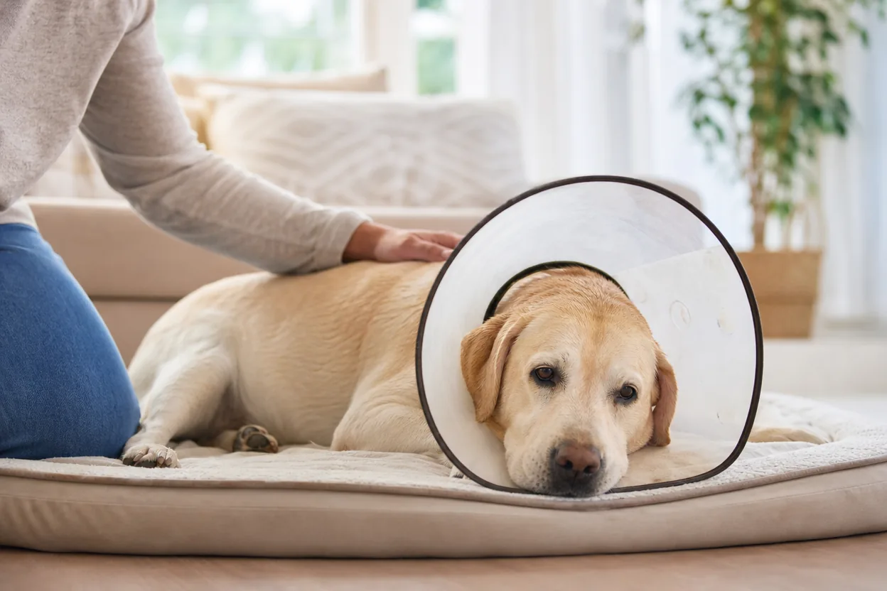 Main rassurante sur un labrador portant une collerette, couché au calme sur son couchage
