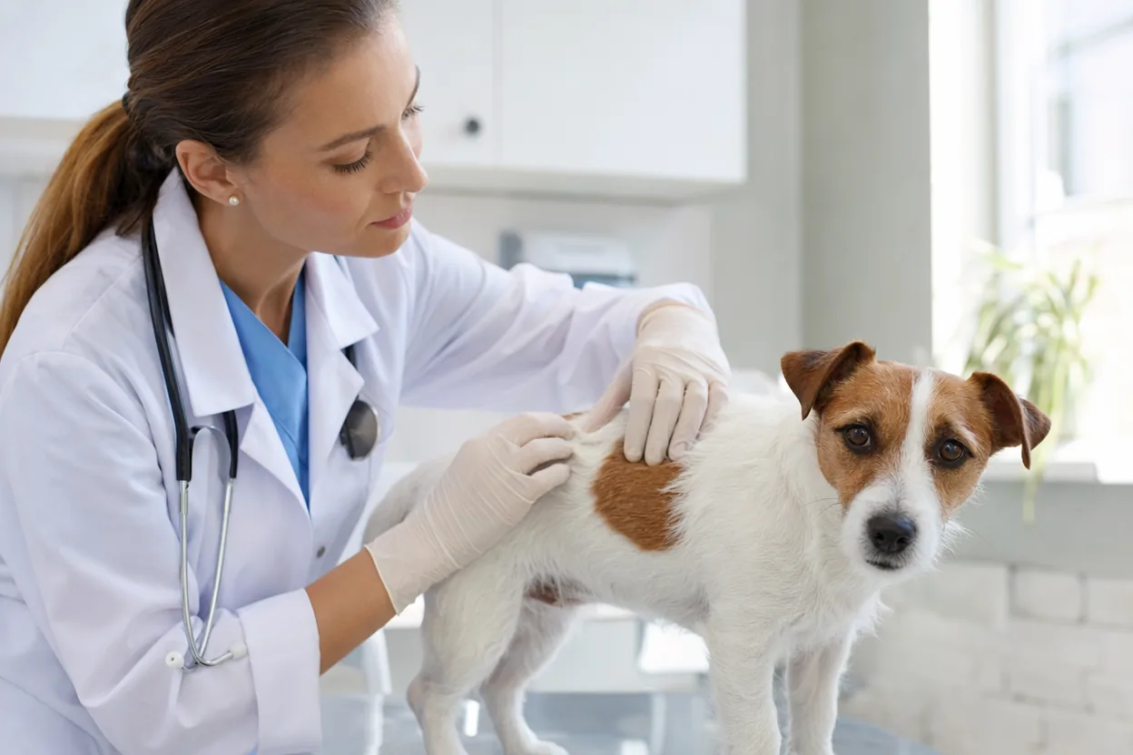 Vétérinaire gantée examinant le pelage d'un jack russell calme sur une table d'examen
