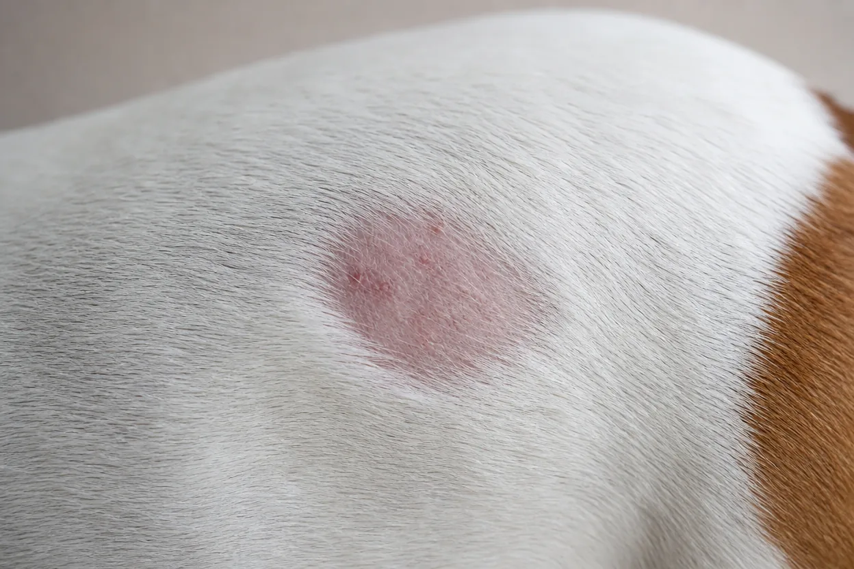Gros plan sur une petite zone sans poils de forme arrondie sur le dos d'un jack russell