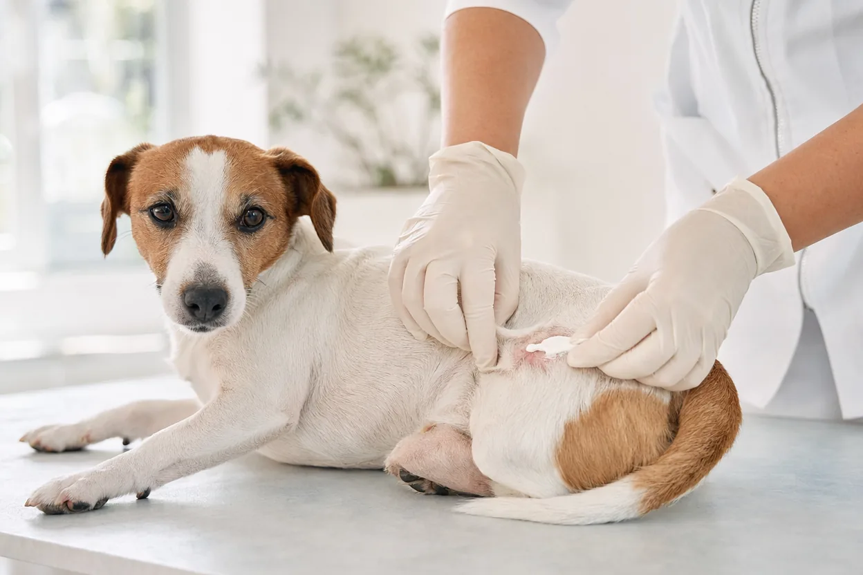Mains gantées appliquant une crème antifongique sur la peau d'un jack russell calme
