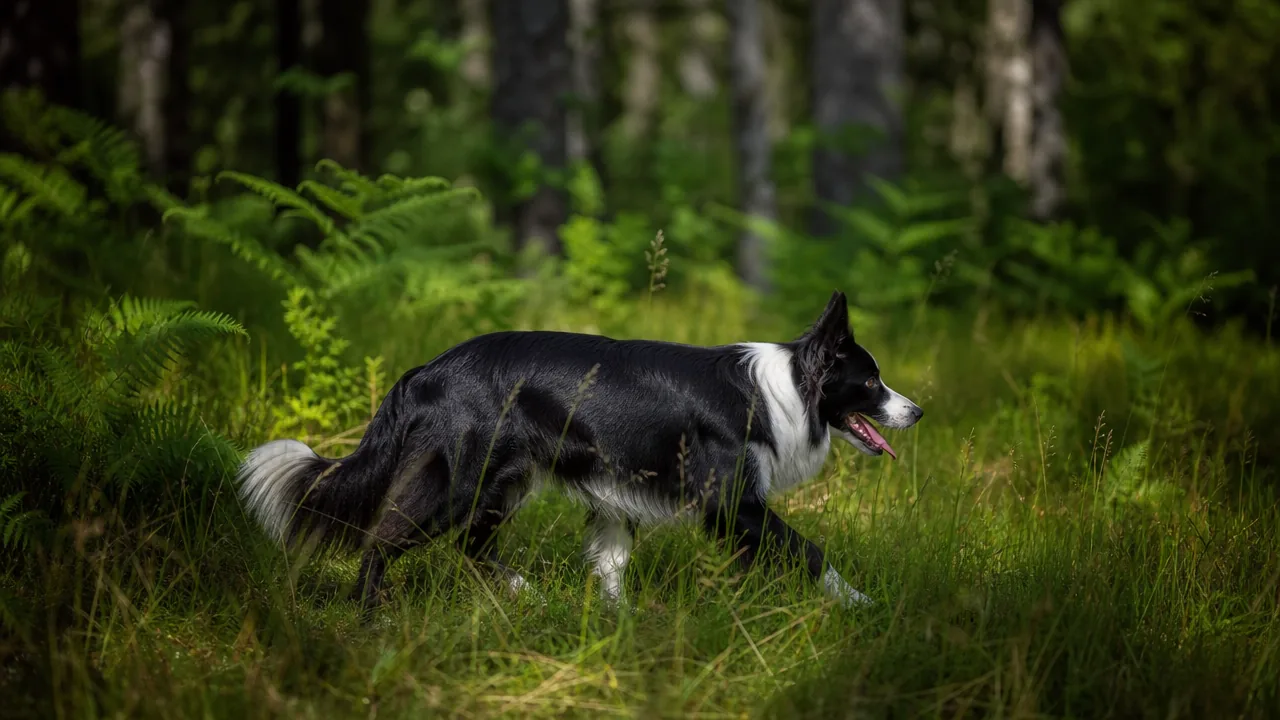 Chien en promenade dans un sous-bois herbeux, zone à risque de tiques