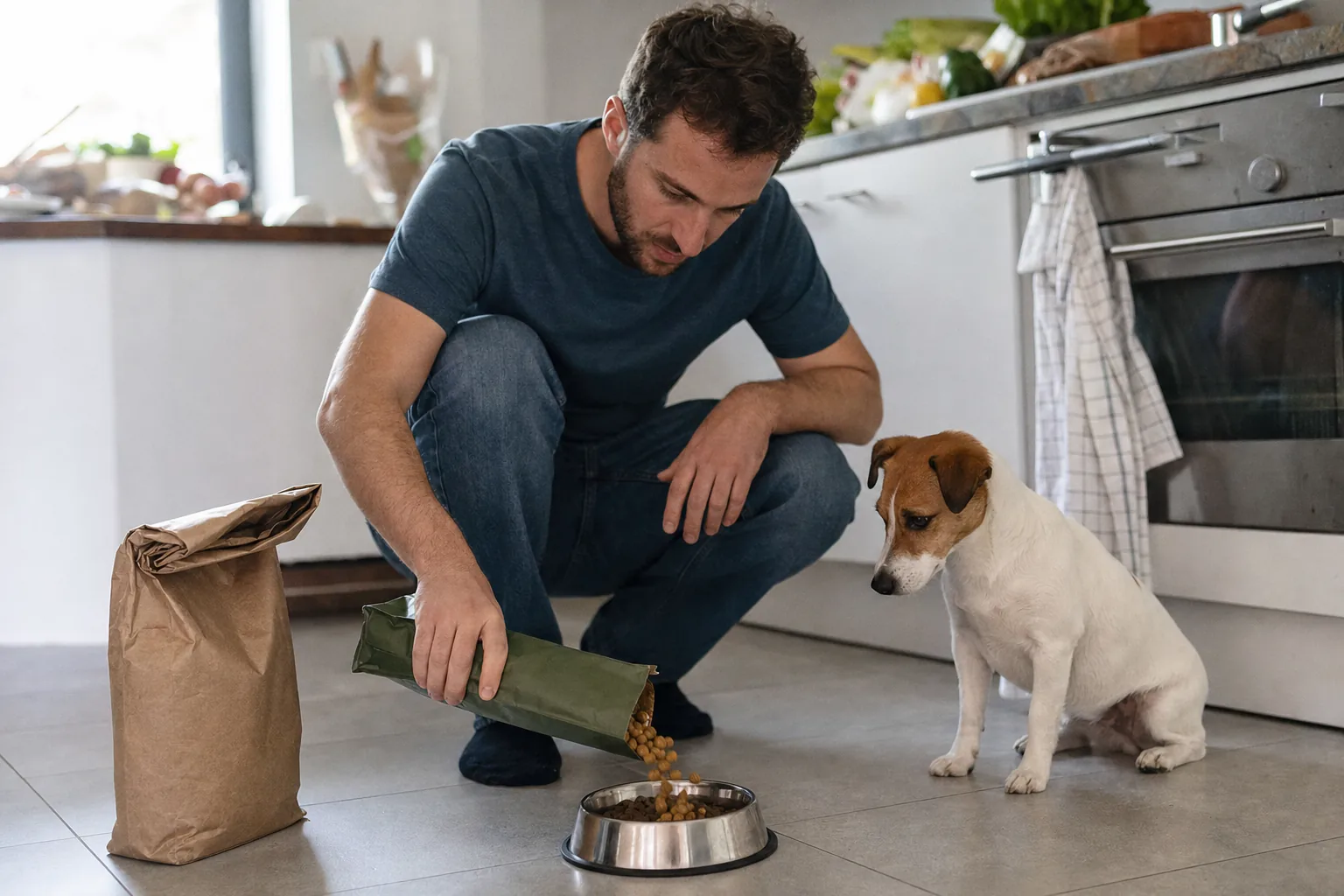 Homme accroupi sur le carrelage d’une cuisine qui verse des croquettes claires d’un sac vert uni dans une gamelle déjà remplie de croquettes plus foncées, un jack russell blanc et feu assis à côté qui regarde la gamelle
