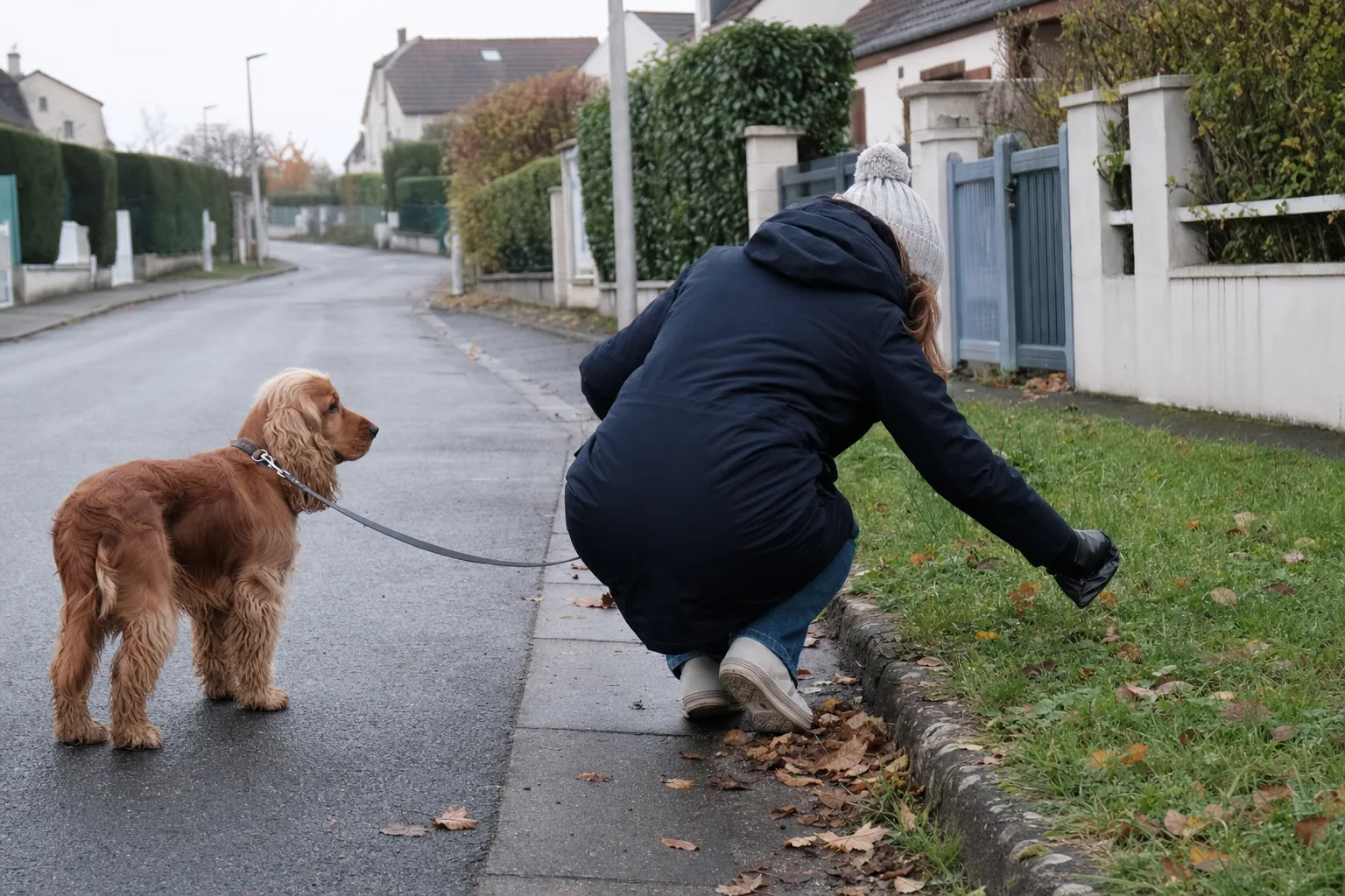 Femme en bonnet et manteau accroupie au bord d’une bande d’herbe dans une rue de pavillons en automne, un sachet à la main pour ramasser, un cocker anglais roux en laisse qui l’attend