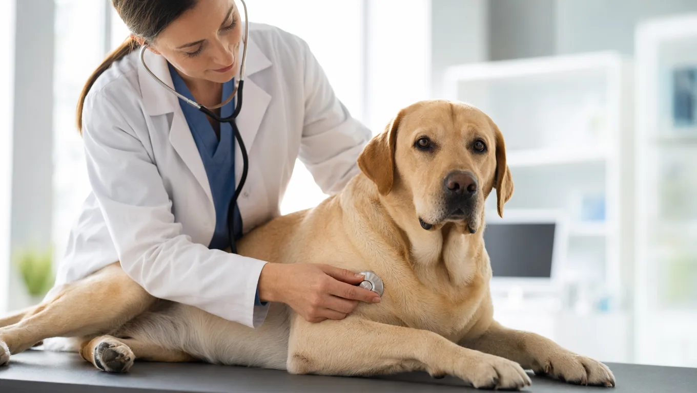 Vétérinaire auscultant un labrador au stéthoscope lors d'une consultation