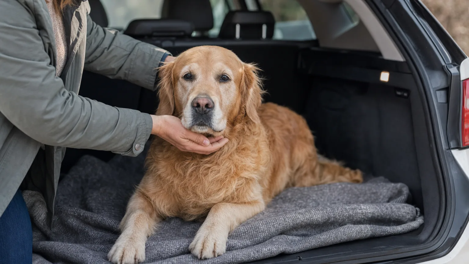 Golden retriever installé sur une couverture dans le coffre d'une voiture avant le trajet chez le vétérinaire