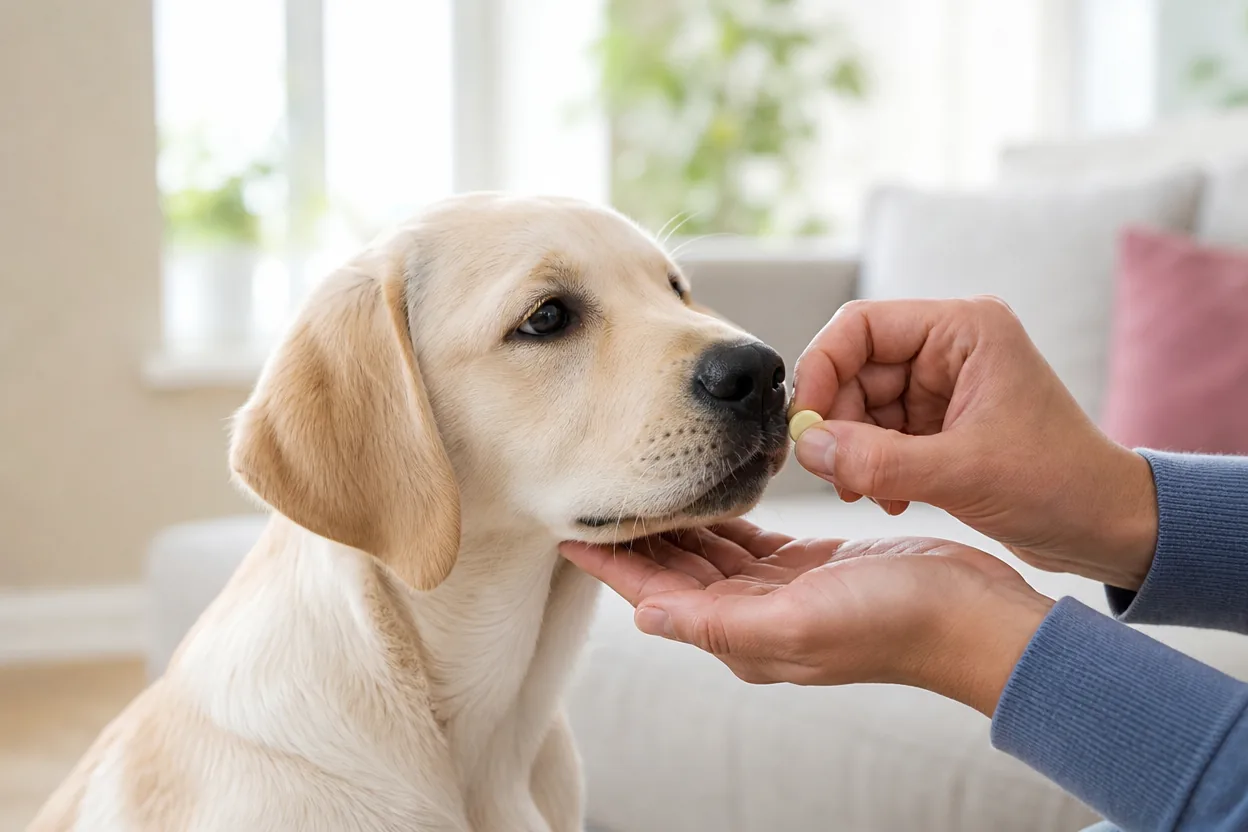 Mains donnant un comprimé vermifuge à un jeune labrador coopératif dans un salon lumineux