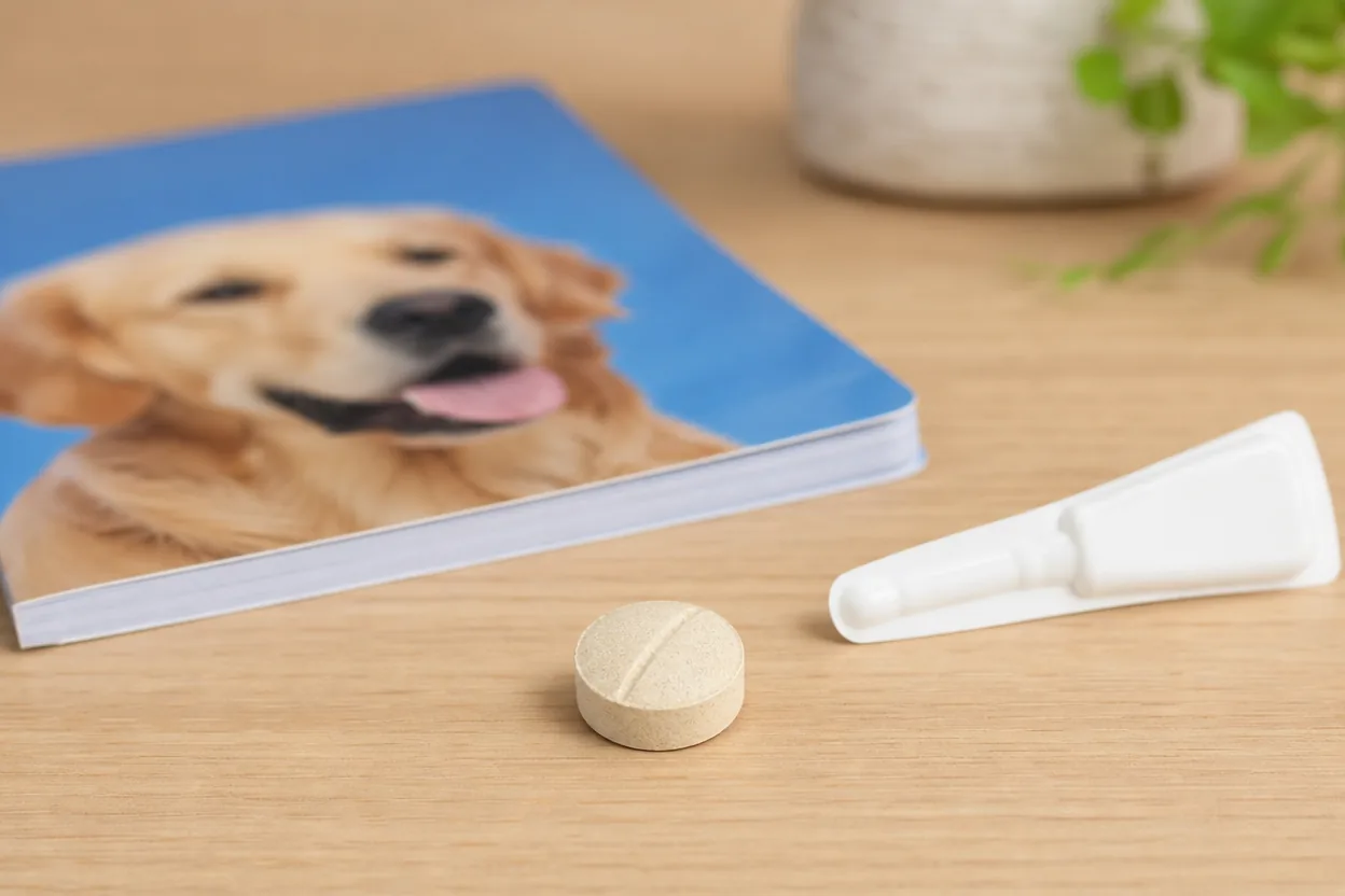 Comprimé vermifuge et pipette posés à côté d'un carnet de santé canin sur une table