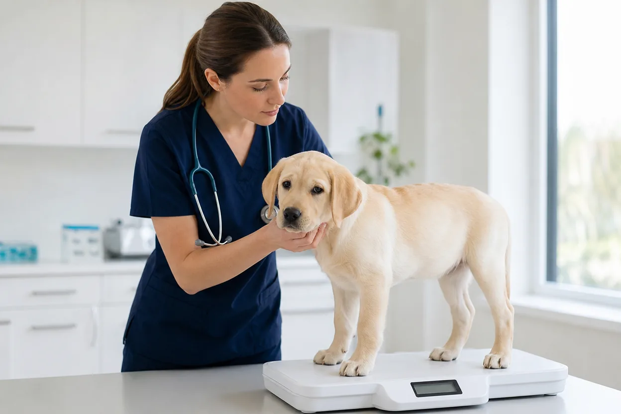 Vétérinaire pesant un jeune labrador sur une balance de clinique pour ajuster le vermifuge