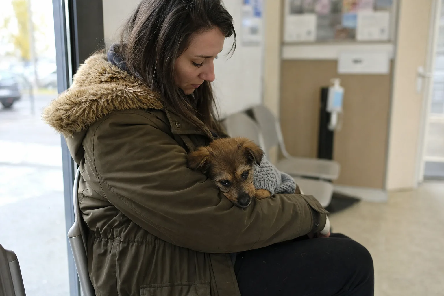 Dans la salle d’attente d’un cabinet vétérinaire, une femme en parka assise sur une chaise tient contre elle un chiot croisé au poil fauve emmitouflé dans un gilet gris, et le regarde