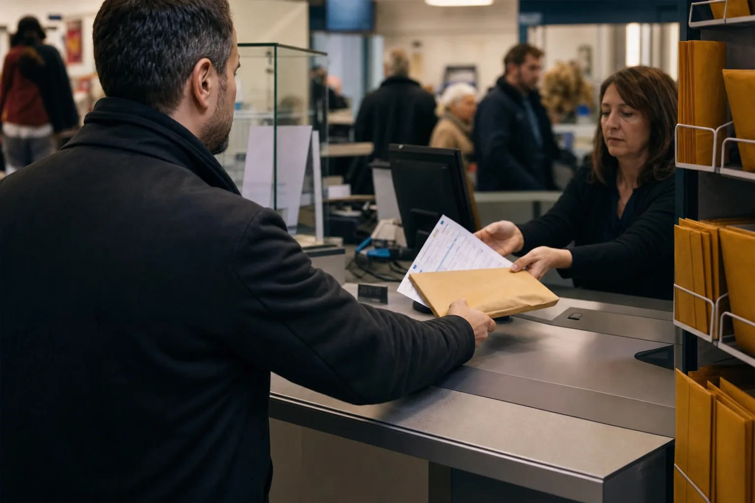 Au guichet d’un bureau de poste, un homme de trois quarts dos tend une enveloppe kraft et un formulaire à une employée, une file d’attente floue derrière eux