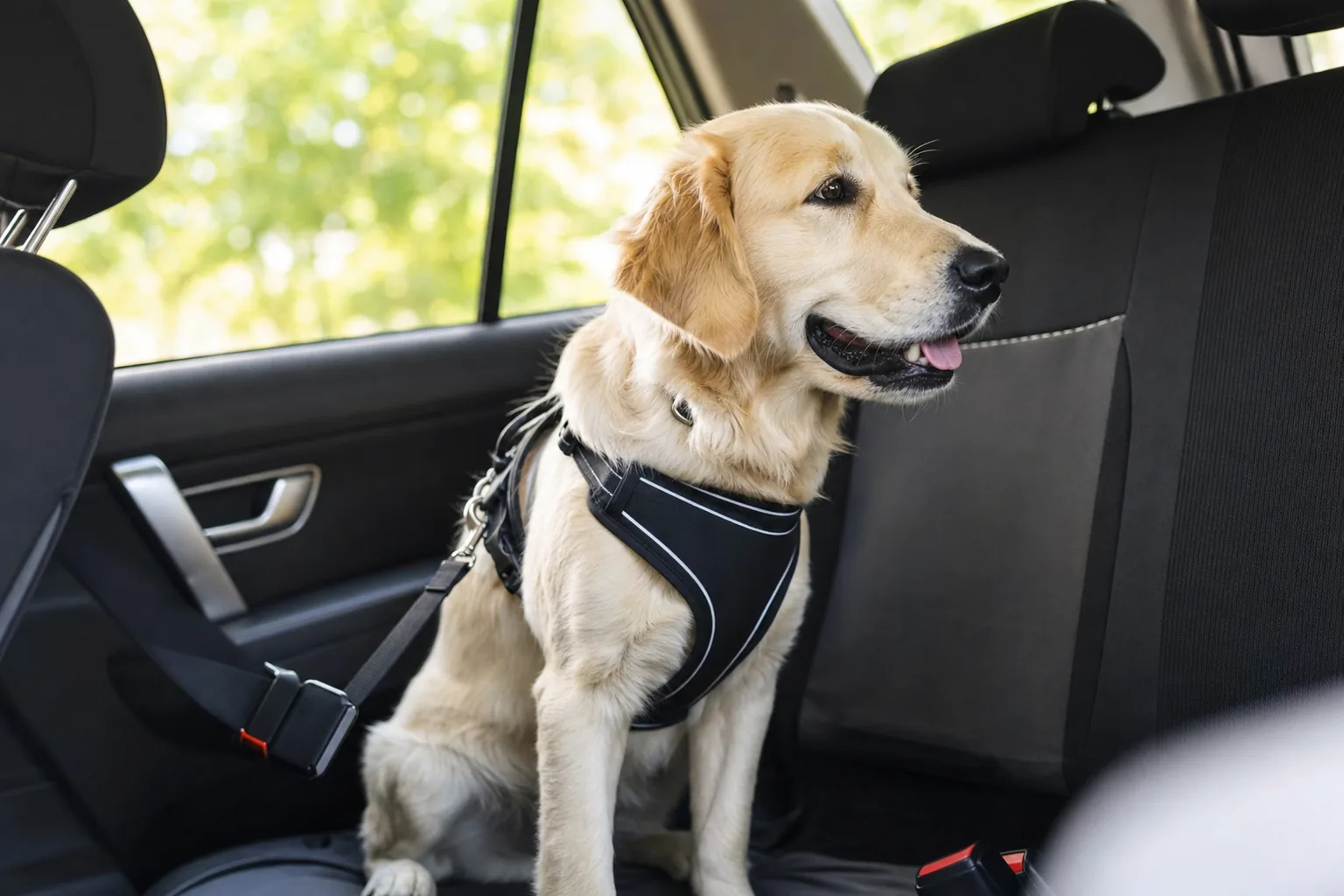 Chien attaché avec un harnais de sécurité en voiture