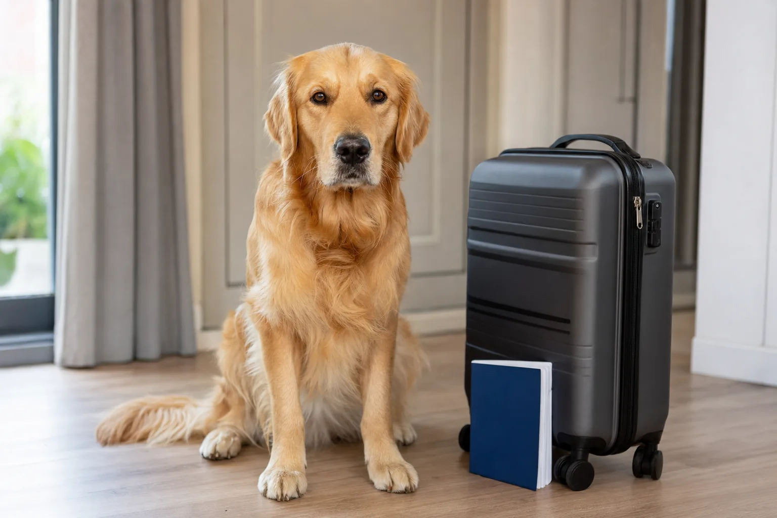 Chien prêt au départ à côté d'une valise et d'un carnet de santé