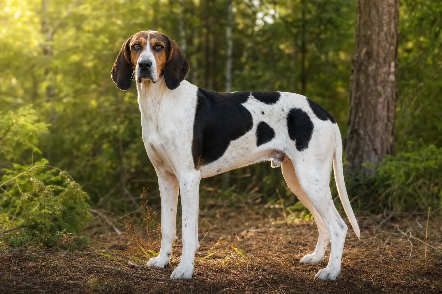 Chien Courant de Halden (robe fond blanc avec plaques noires et nuances feu (tricolore à dominante blanche)) adulte en extérieur