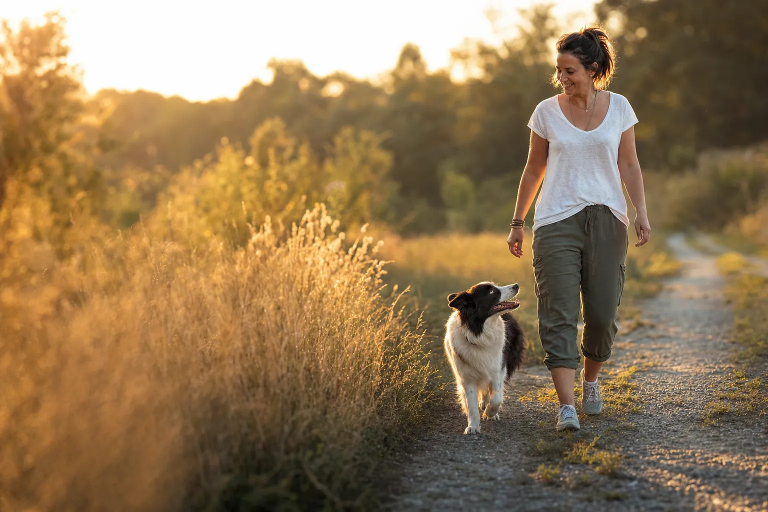 Une femme se promène dans un chemin de campagne avec son border collie au coucher du soleil