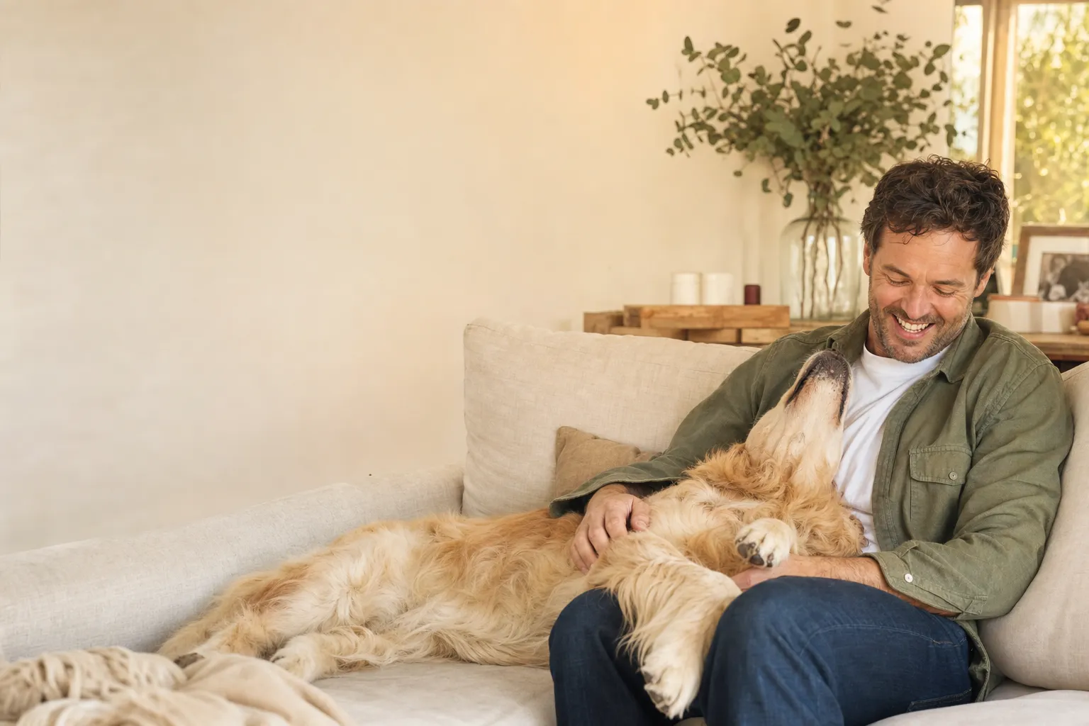 Un homme rit sur son canapé avec son golden retriever affalé sur les genoux