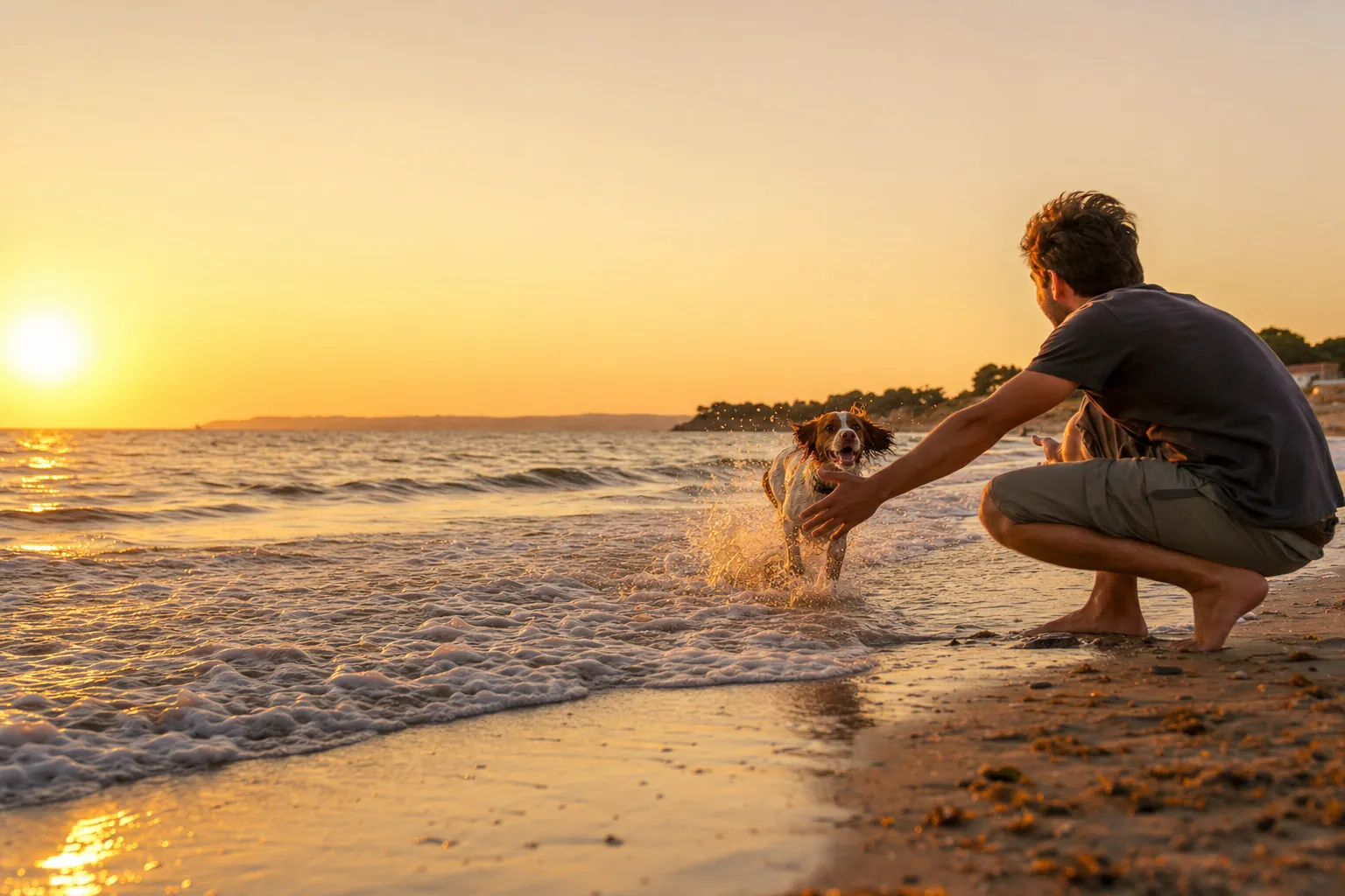 Un épagneul breton court dans l’écume vers son maître sur la plage au coucher du soleil