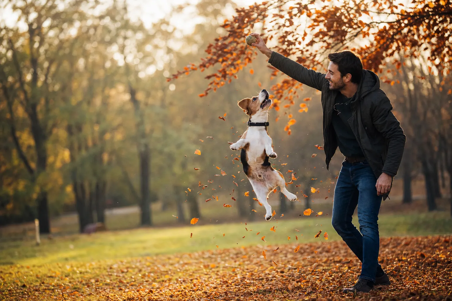 Un homme joue à la balle avec son beagle qui saute dans un parc en automne
