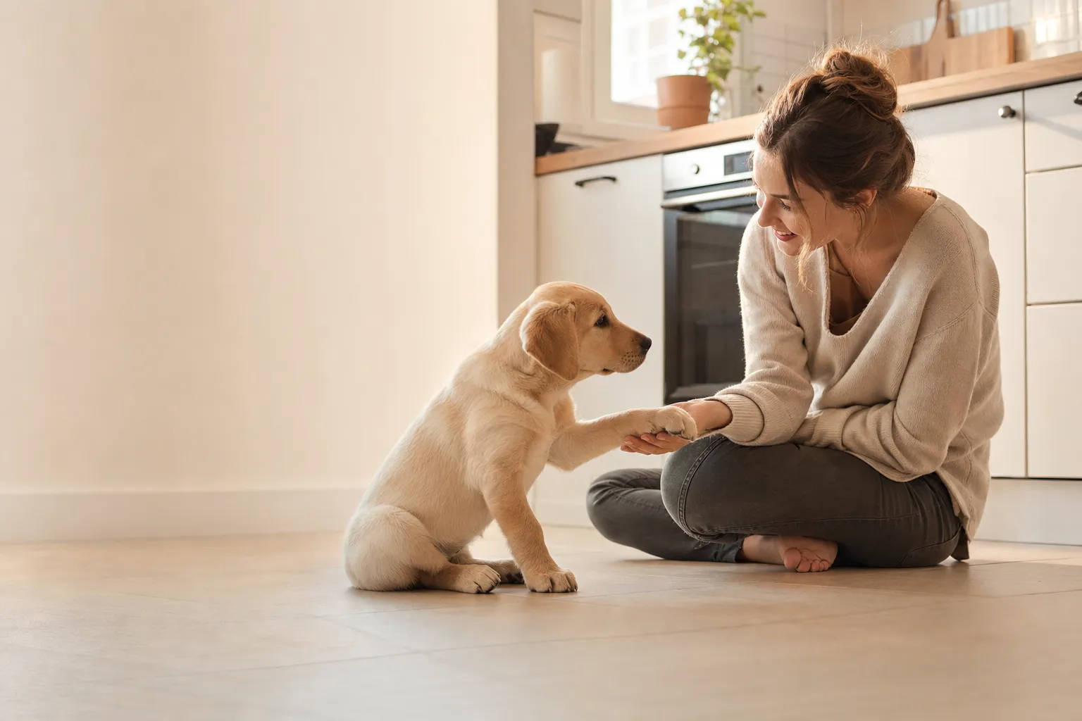 Une femme assise dans sa cuisine tend la main vers son chiot labrador