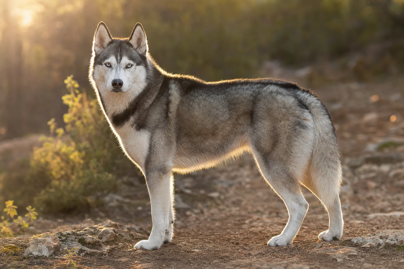 Husky Sibérien (robe du noir au blanc (gris, rouge/cuivre, sable, agouti)) adulte en extérieur