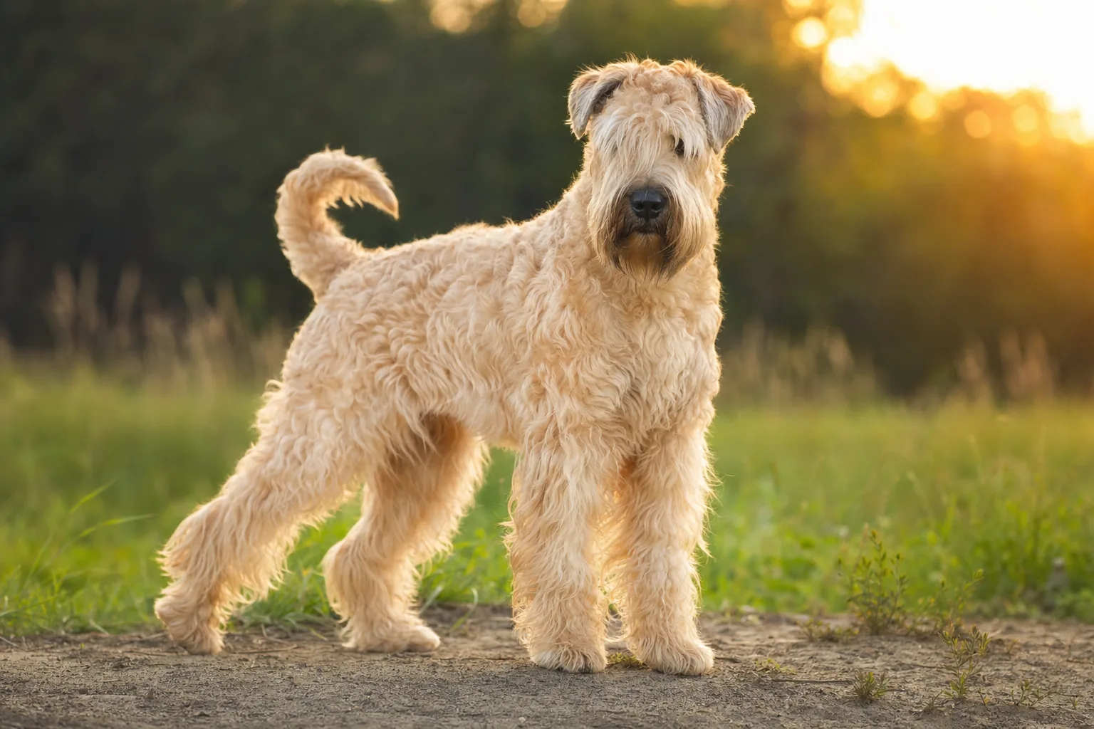 Irish Soft Coated Wheaten Terrier (robe froment (toutes nuances de blé mûr)) adulte en extérieur