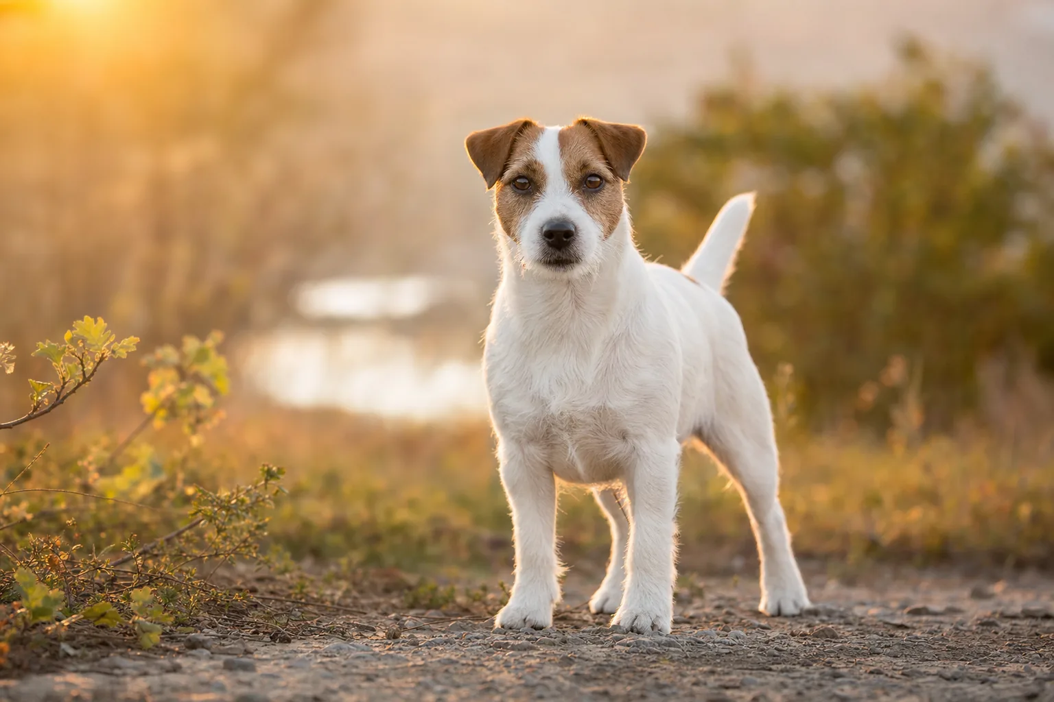 Jack Russell Terrier (robe blanc dominant avec marques fauve, noir ou feu (souvent tricolore)) adulte en extérieur