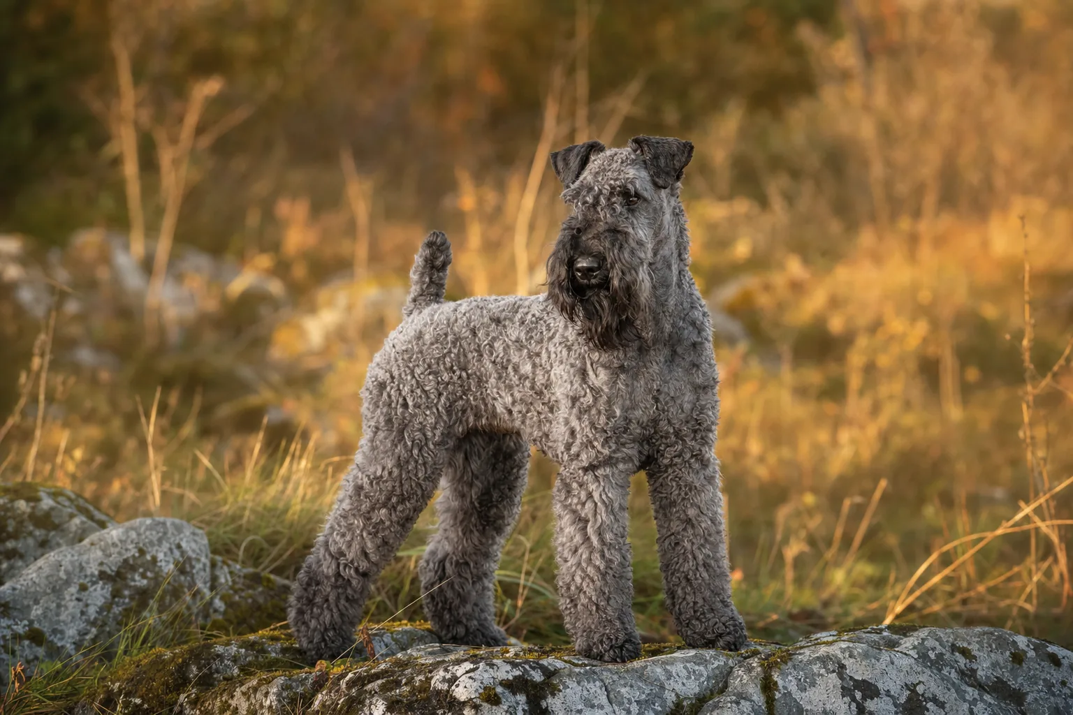 Kerry Blue Terrier (robe toute nuance de bleu, du bleu ardoise au bleu-gris, avec ou sans extrémités noires (chiots nés noirs)) adulte en extérieur