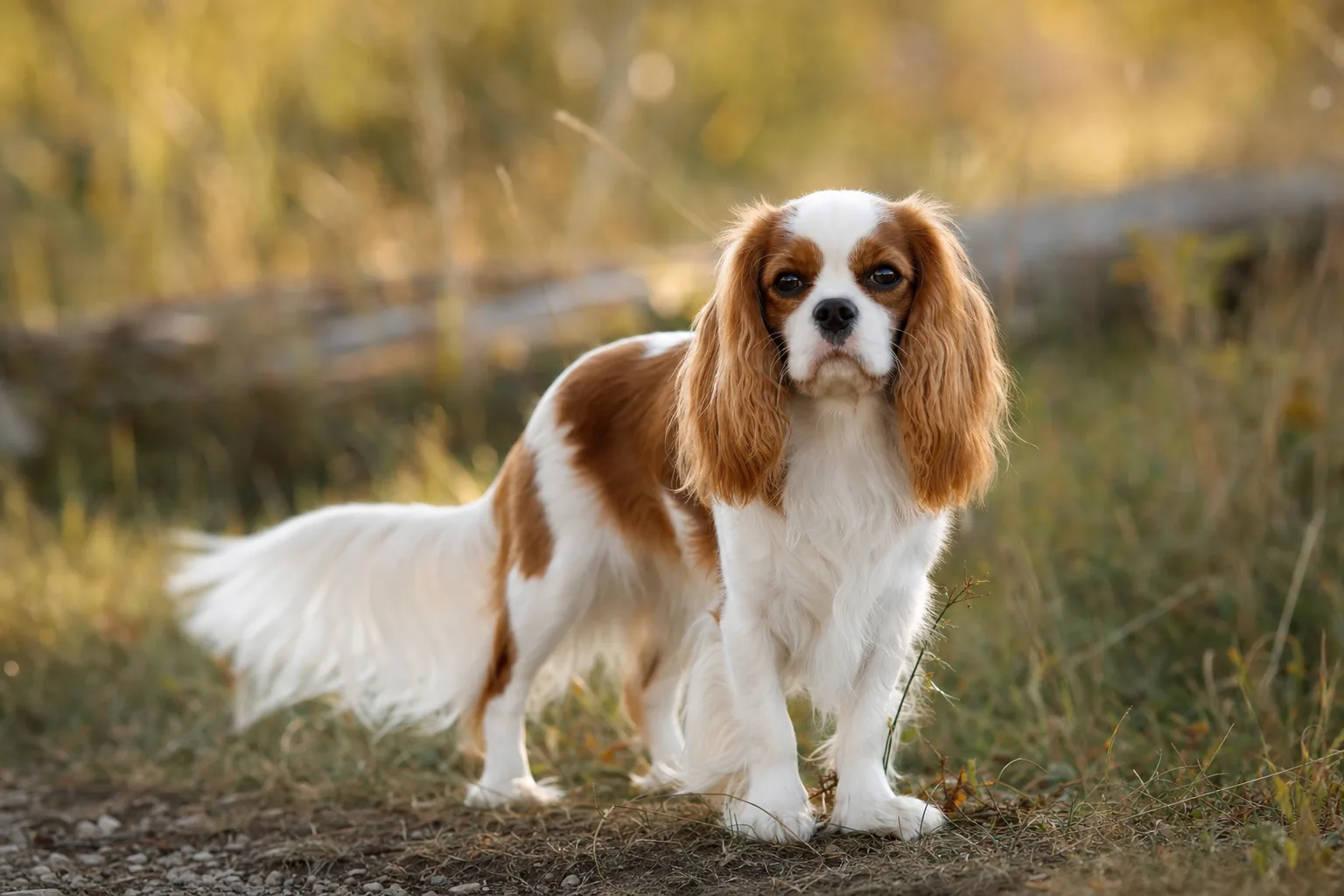 King Charles Spaniel (robe Blenheim (blanc et châtain)) adulte en extérieur
