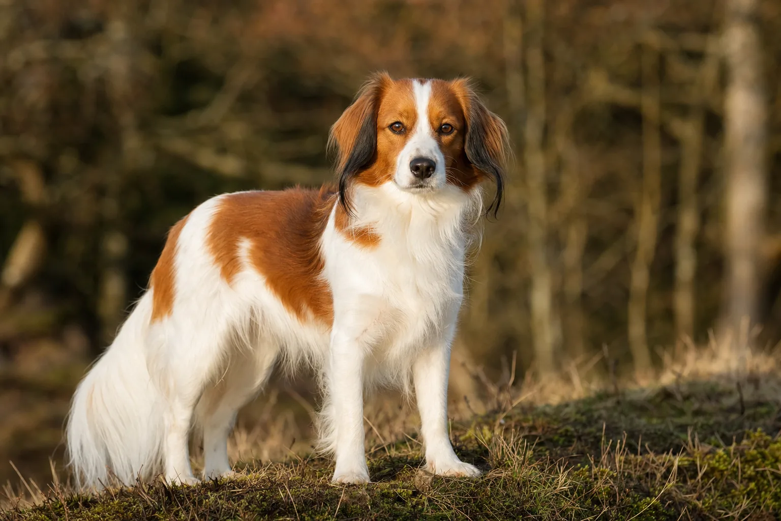Kooikerhondje (robe blanc à taches roux orangé nettement délimitées) adulte en extérieur