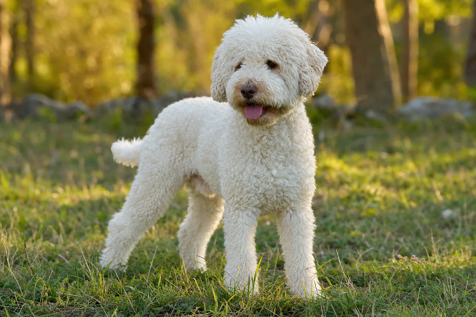 Lagotto Romagnolo (robe blanc) adulte en extérieur