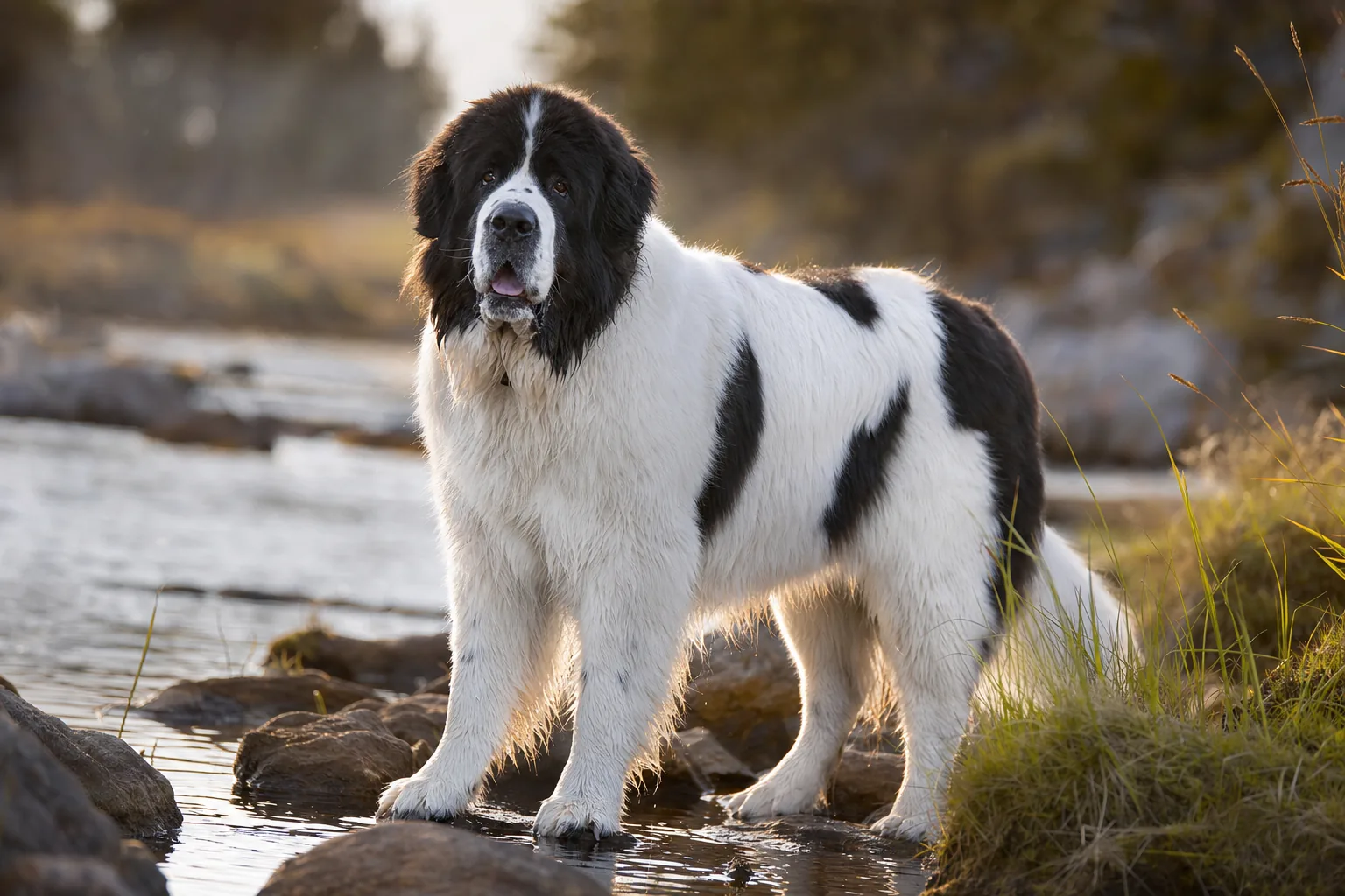 Landseer (robe blanc à taches noires marquées) adulte en extérieur