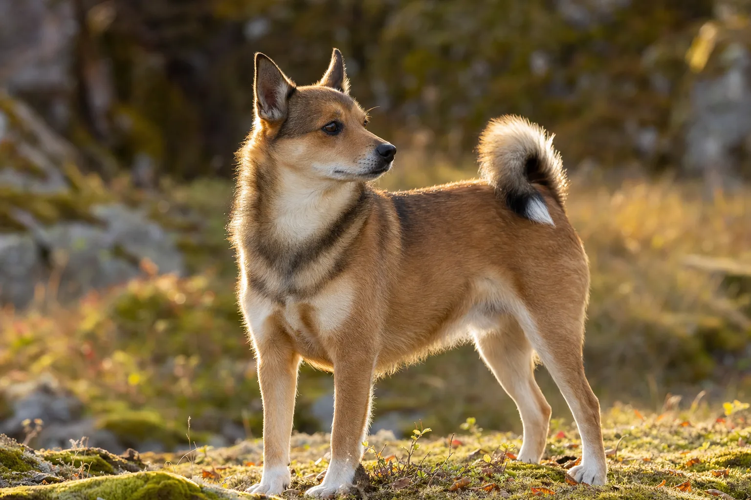Lundehund Norvégien (robe fauve à brun-rouge avec extrémités de poils noires) adulte en extérieur