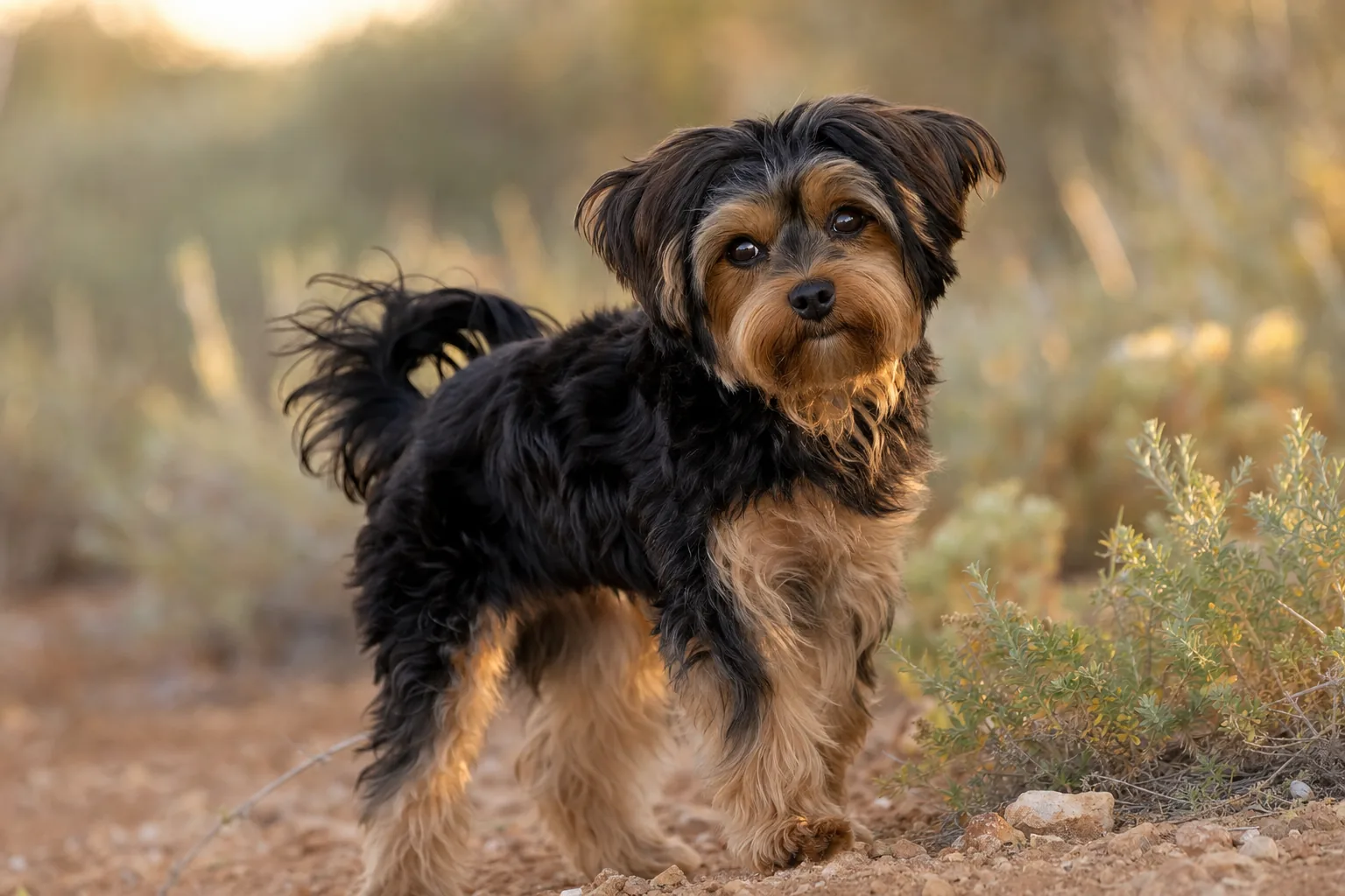 Morkie (robe noir et feu) adulte en extérieur