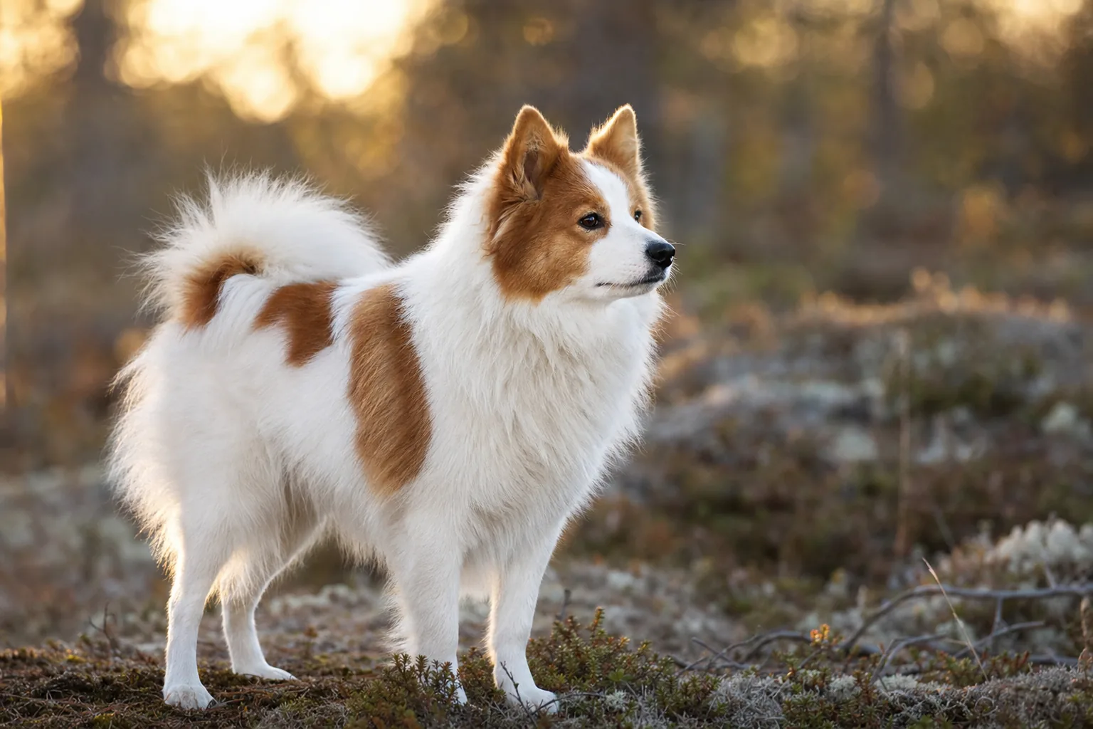 Spitz de Norrbotten (robe blanc à marques jaune-rouge ou brun-rouge) adulte en extérieur