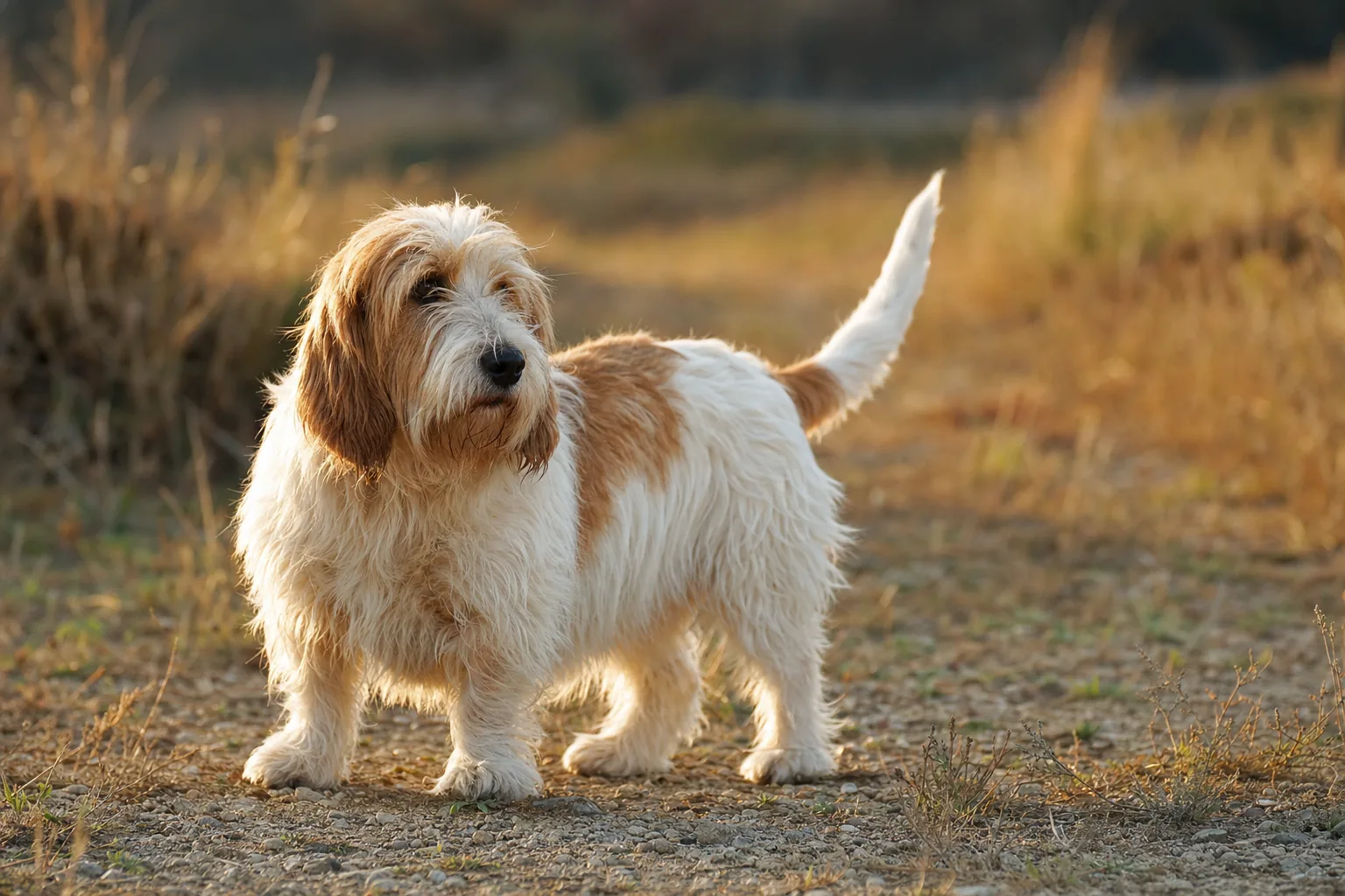 Petit Basset Griffon Vendéen (robe blanc et orange) adulte en extérieur