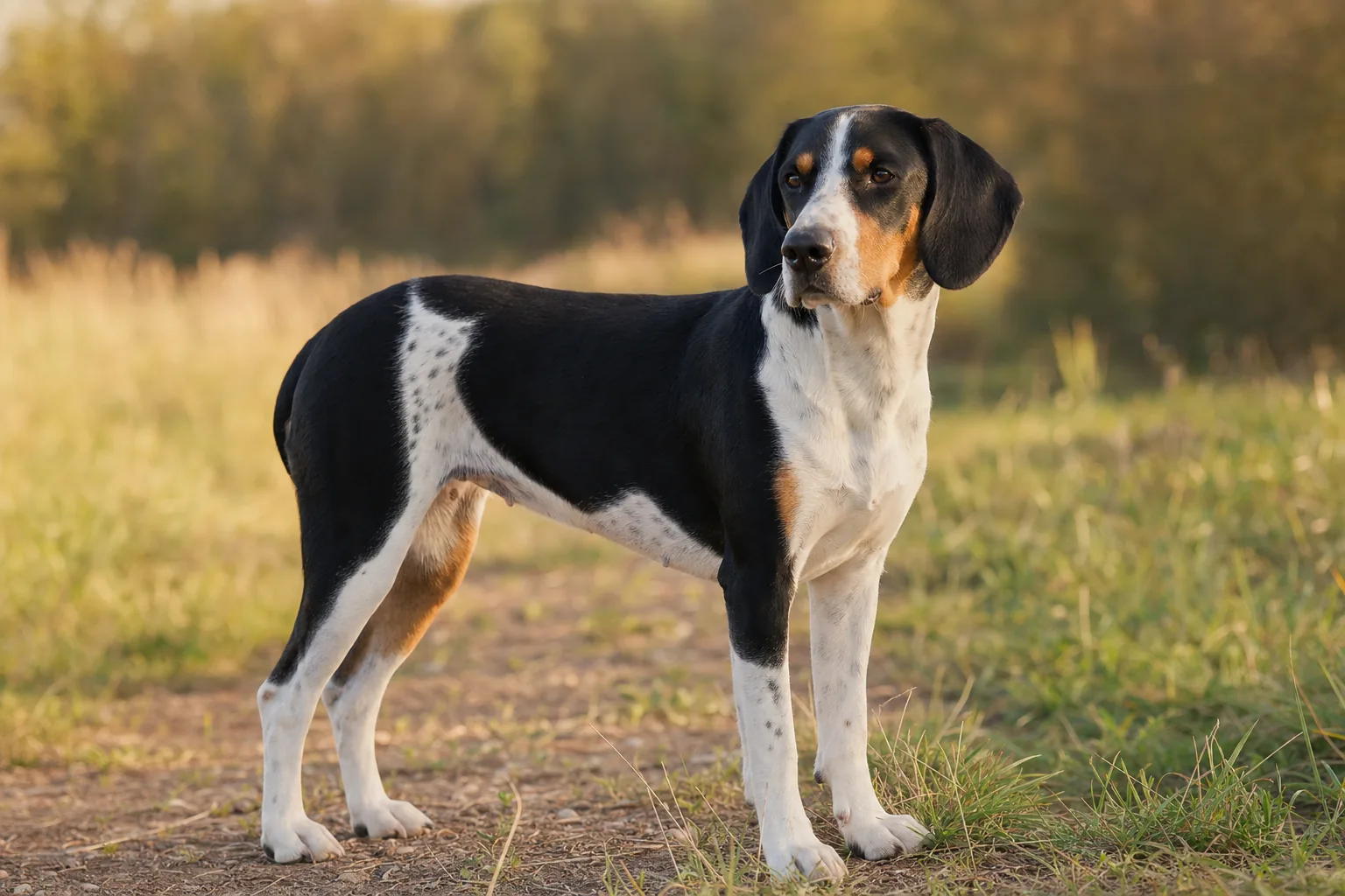 Petit Chien Courant Suisse (robe Bernois : blanc à taches noires et marques feu (tricolore)) adulte en extérieur