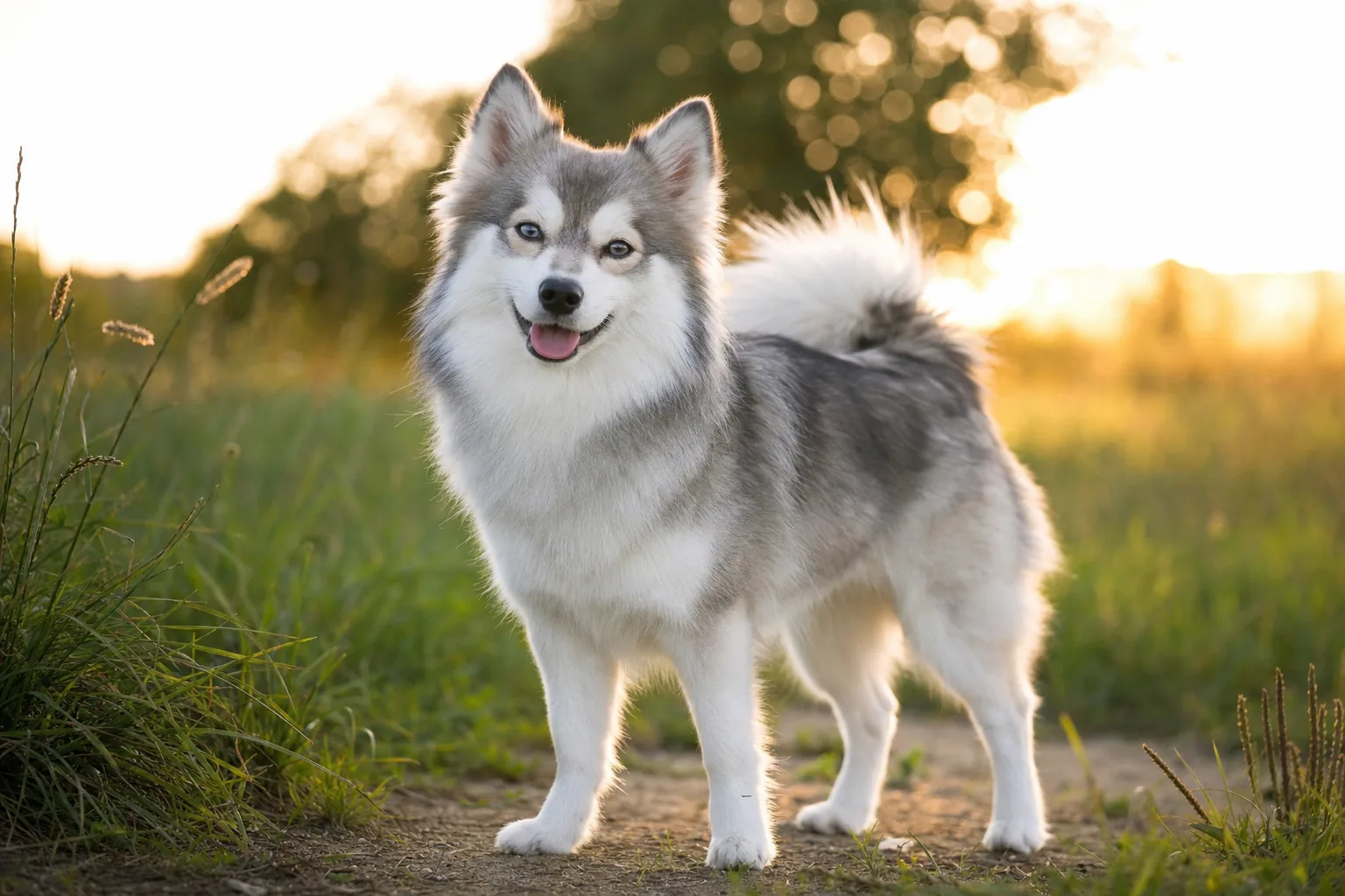 Pomsky (robe gris et blanc) adulte en extérieur
