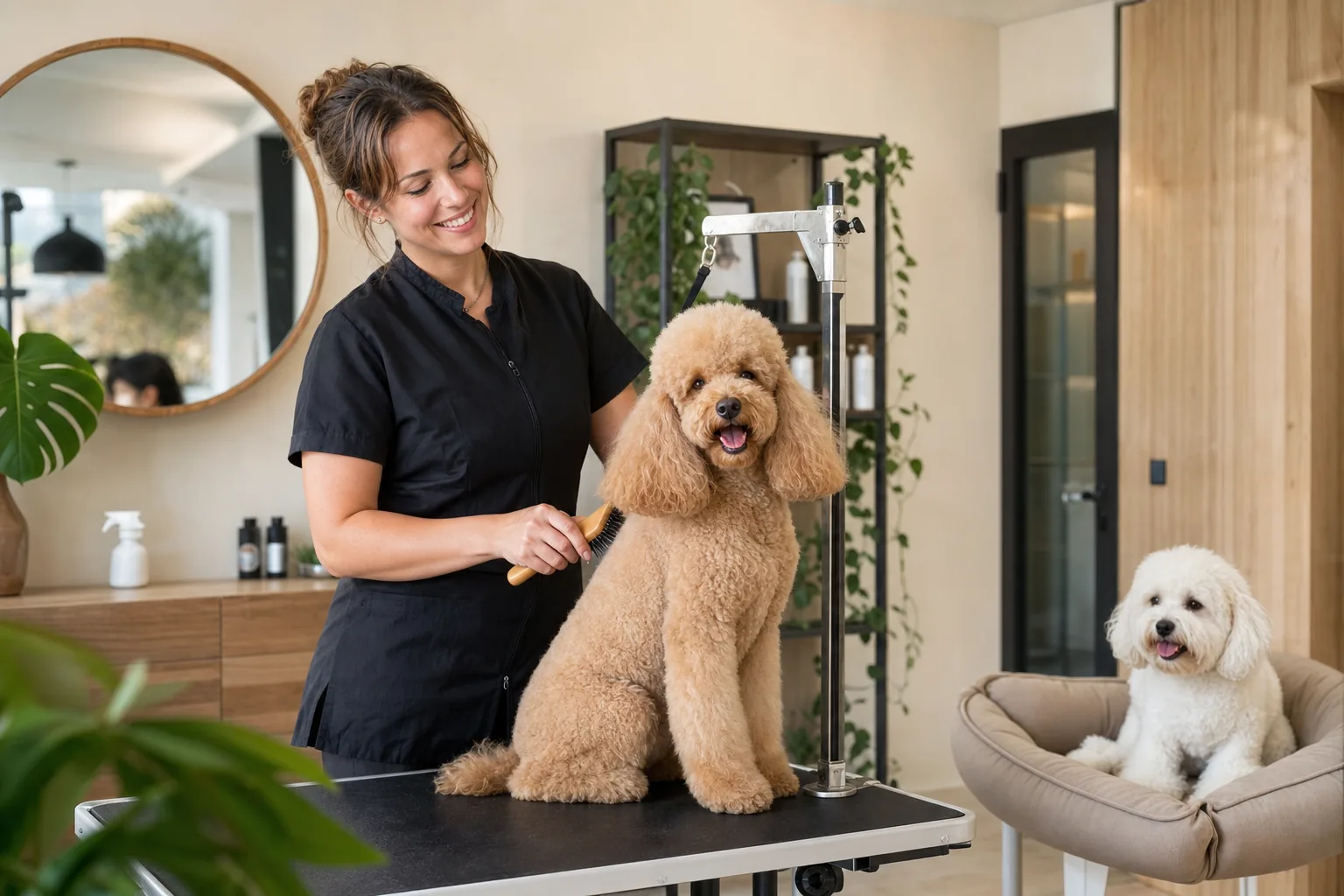 Une toiletteuse brosse un caniche abricot dans un salon de toilettage moderne