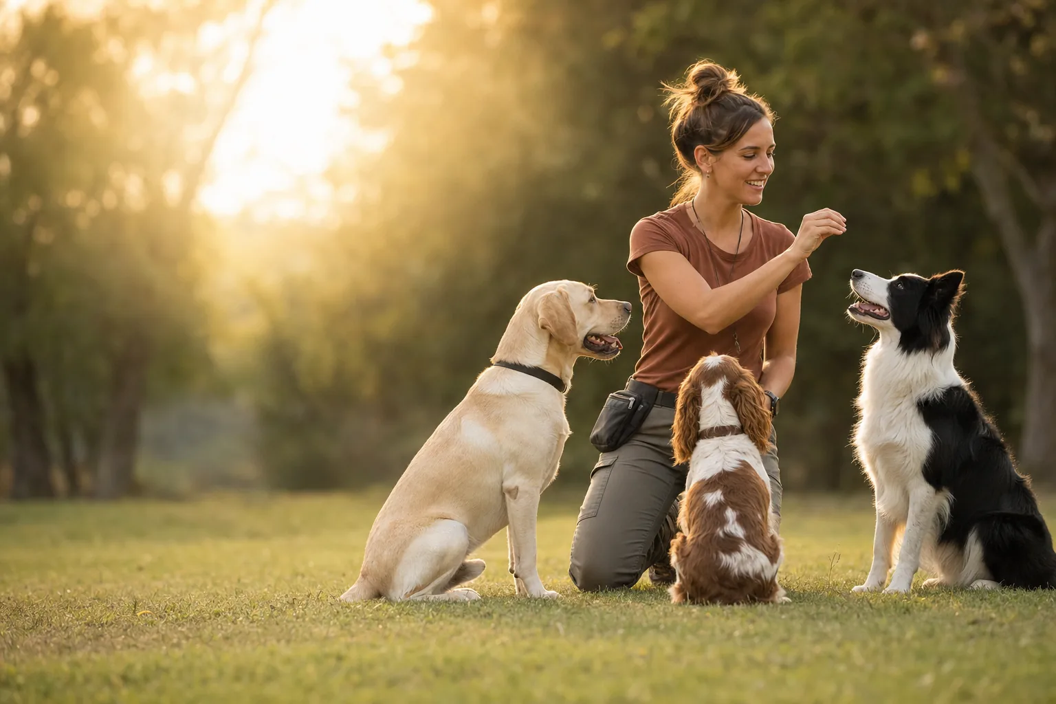 Une éducatrice canine félicite un border collie, un labrador et un épagneul assis autour d'elle dans un parc