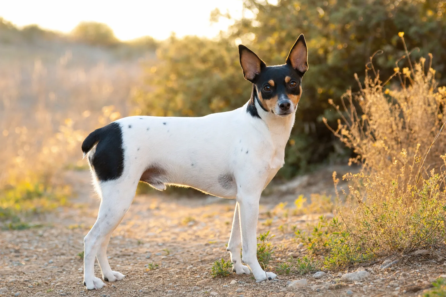Rat Terrier (robe fond blanc à taches (bicolore ou tricolore)) adulte en extérieur