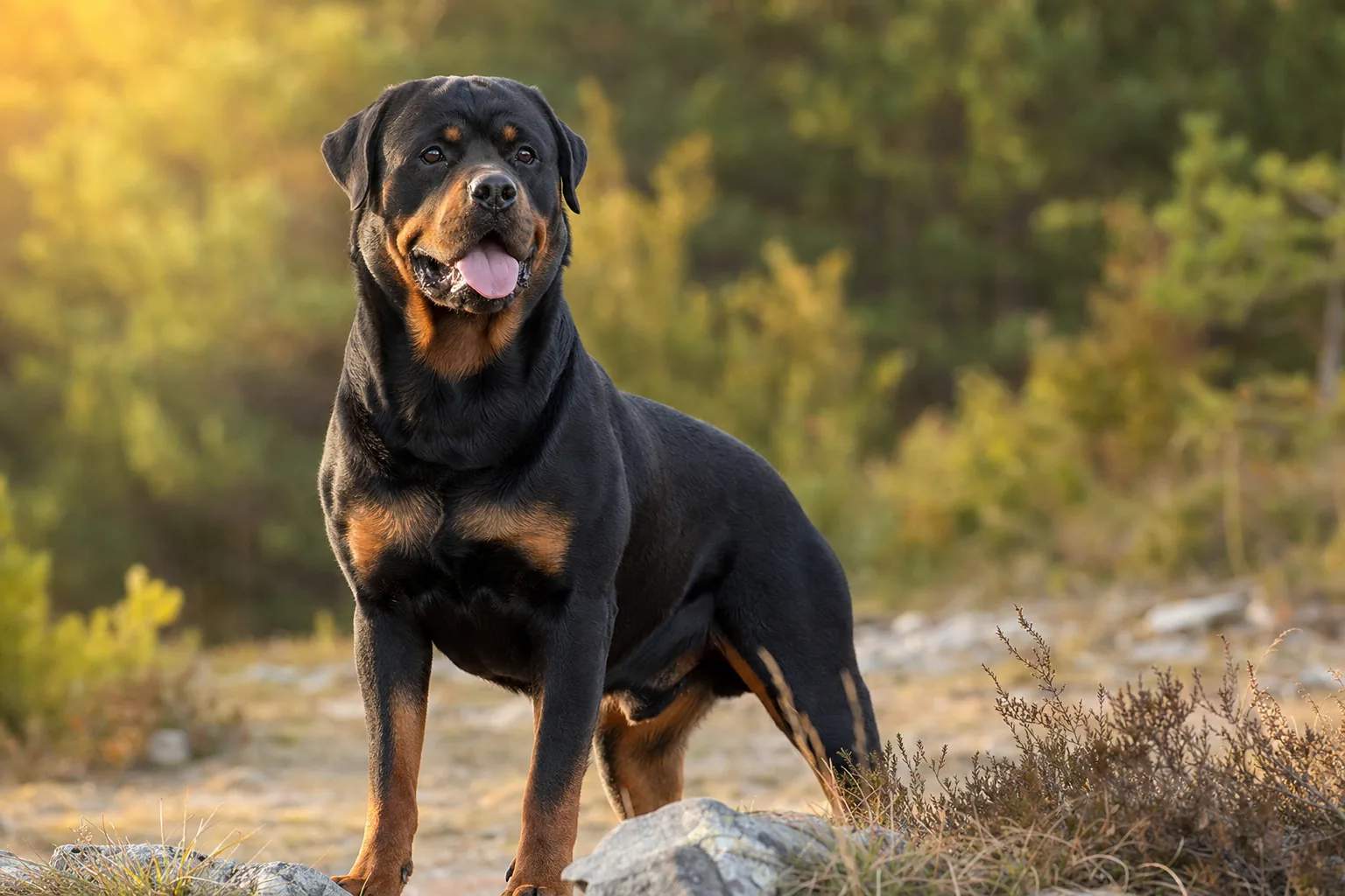 Rottweiler (robe noir avec marques feu (brun-roux) bien délimitées) adulte en extérieur