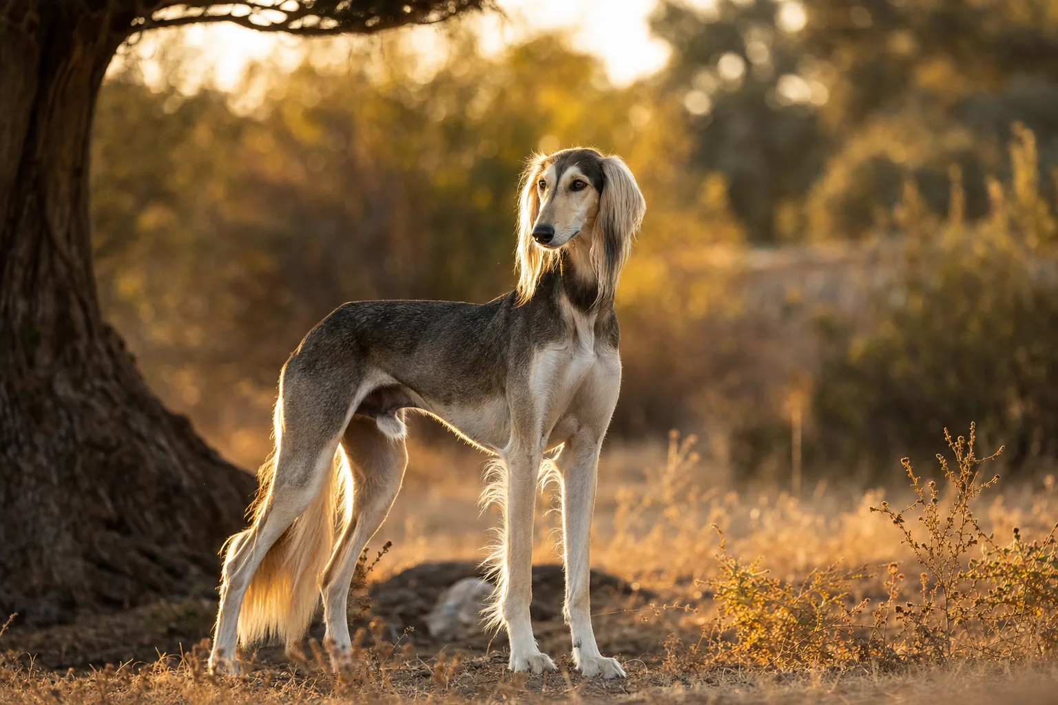 Saluki (robe nombreuses teintes admises, blanc, crème, fauve, sable, doré, bringé, noir et feu, tricolore) adulte en extérieur
