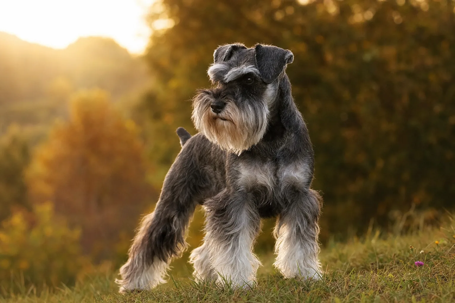 Schnauzer Nain (robe poivre et sel) adulte en extérieur