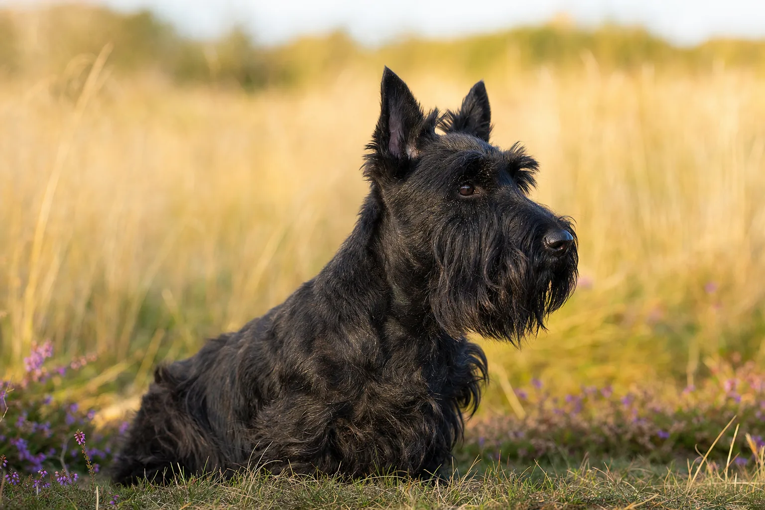 Scottish Terrier (robe noir) adulte en extérieur