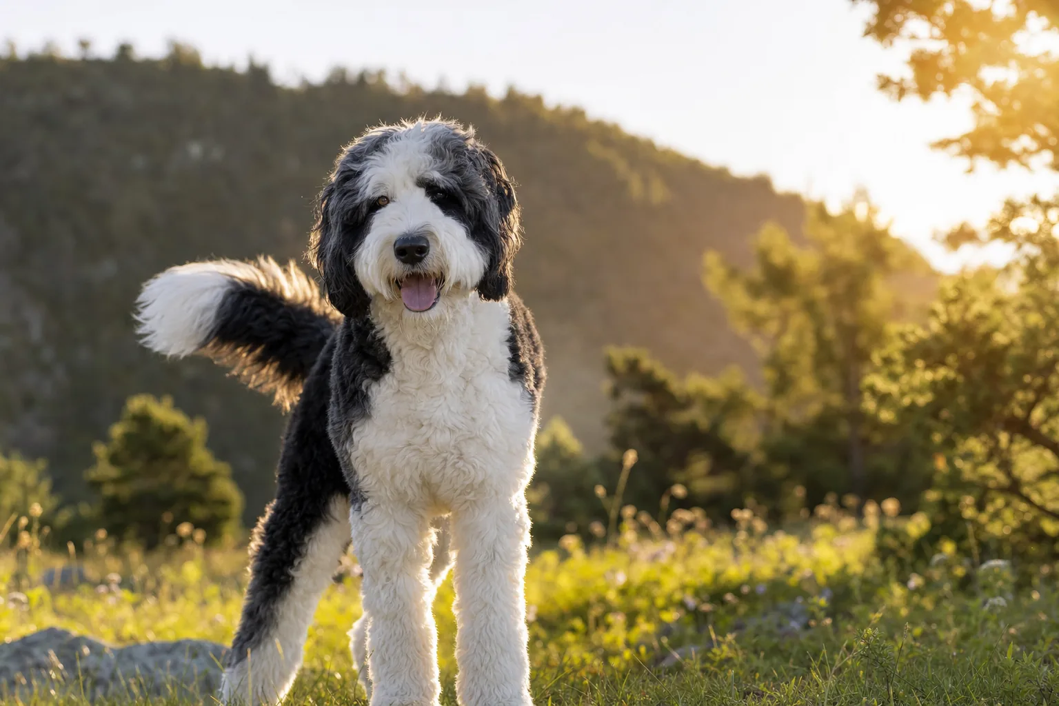 Sheepadoodle (robe noir et blanc) adulte en extérieur