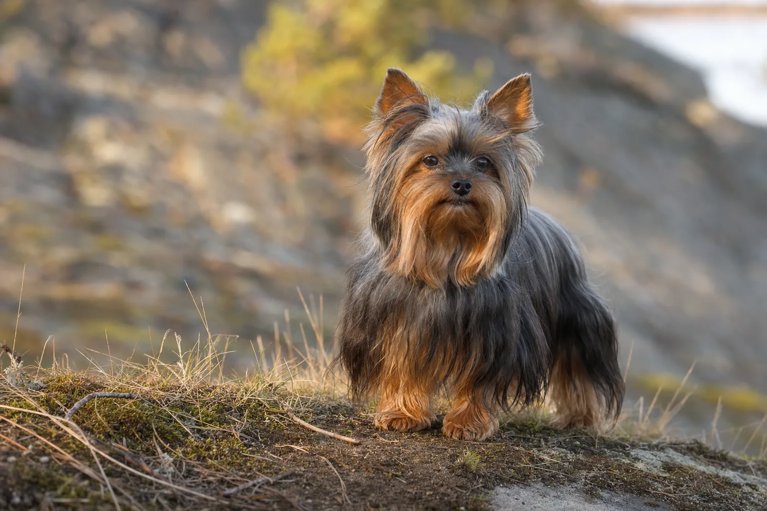 Terrier Australien à Poil Soyeux (robe bleu et feu) adulte en extérieur
