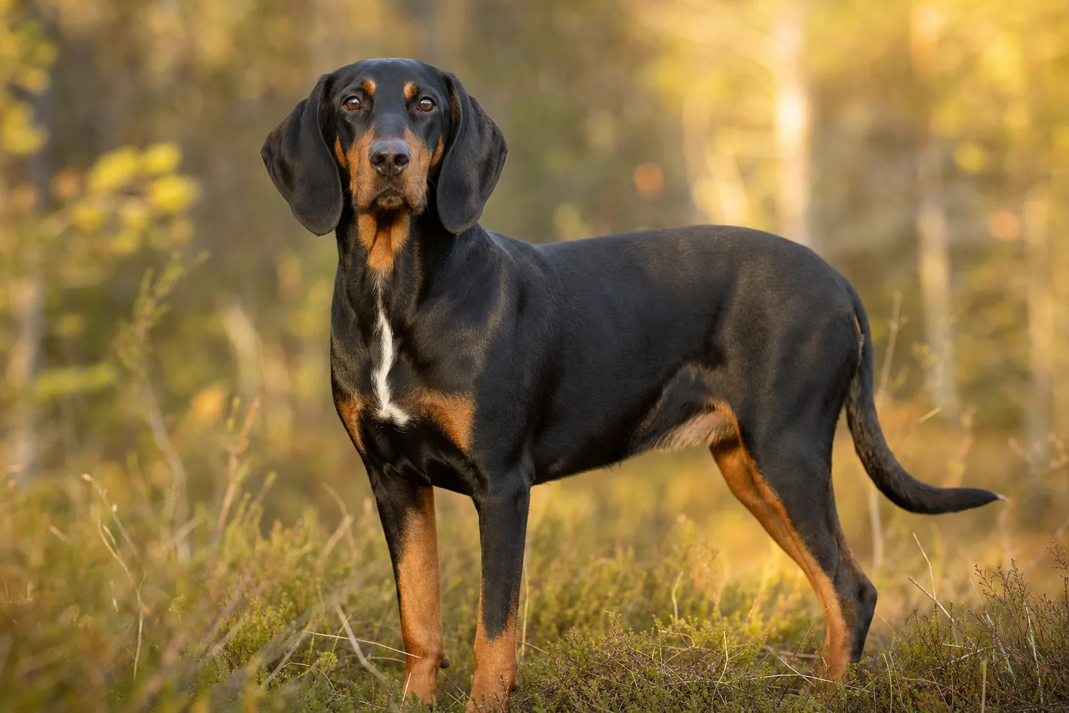 Chien Courant de Småland (robe noir et feu (marques feu bien délimitées, parfois petite marque blanche)) adulte en extérieur