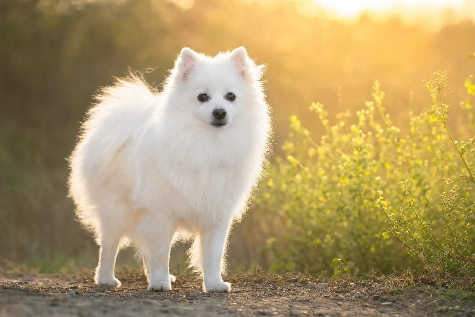 Spitz Japonais (robe blanc pur (unique couleur admise)) adulte en extérieur