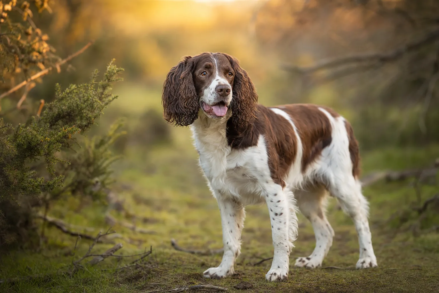 Springer Spaniel Anglais (robe foie et blanc) adulte en extérieur