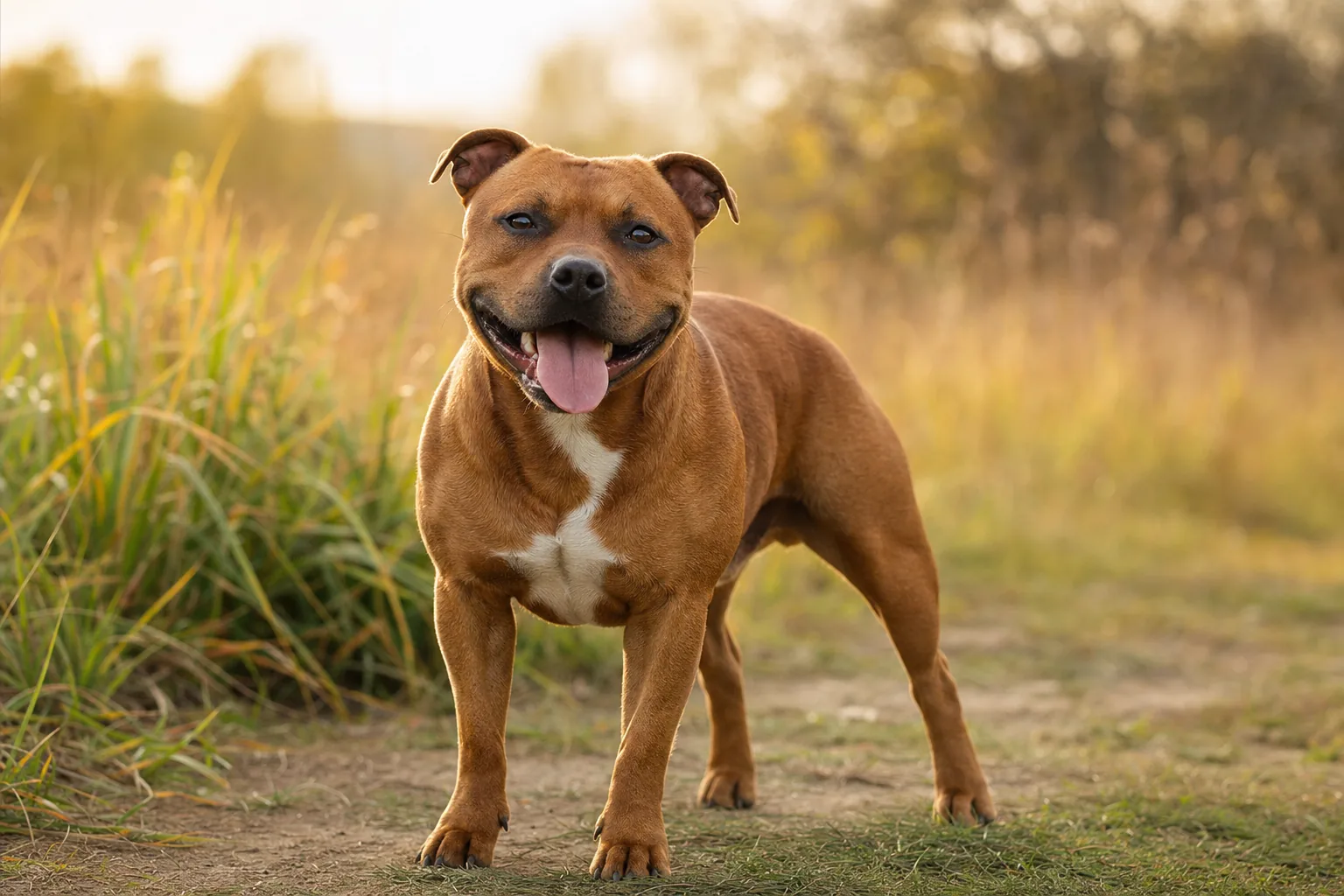 Staffordshire Bull Terrier (robe rouge) adulte en extérieur